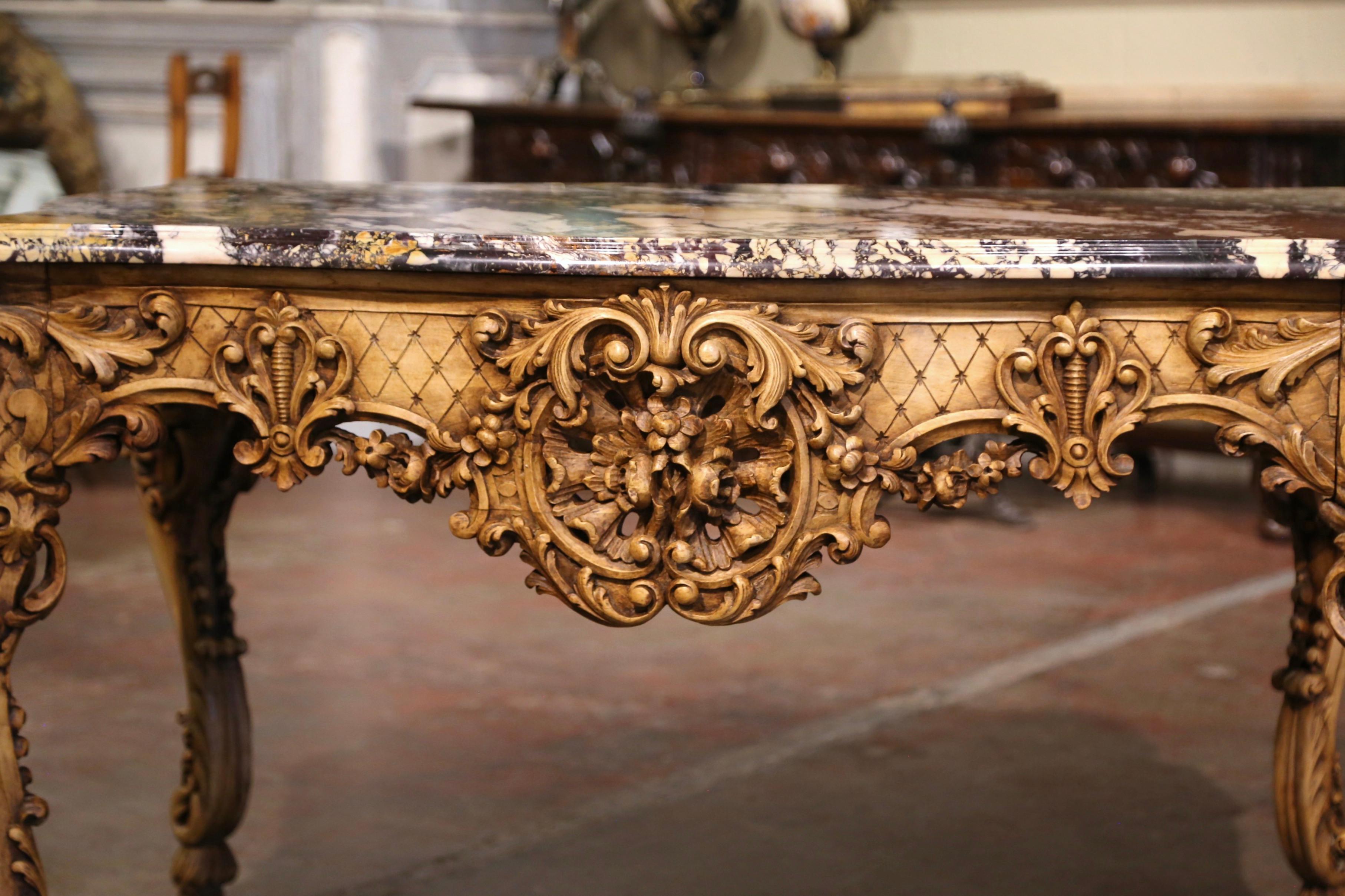 19th Century French Louis XV Marble Top Carved Bleached Walnut Console Table  For Sale 7