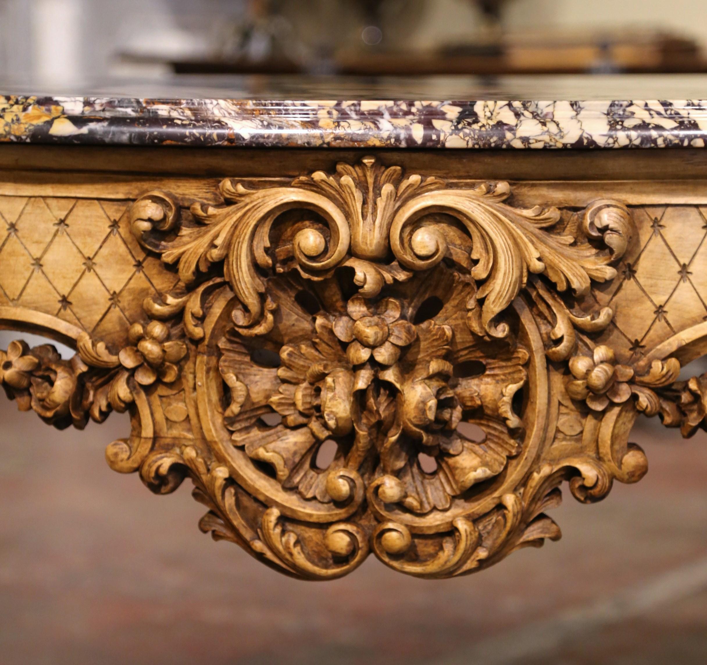 19th Century French Louis XV Marble Top Carved Bleached Walnut Console Table  For Sale 8