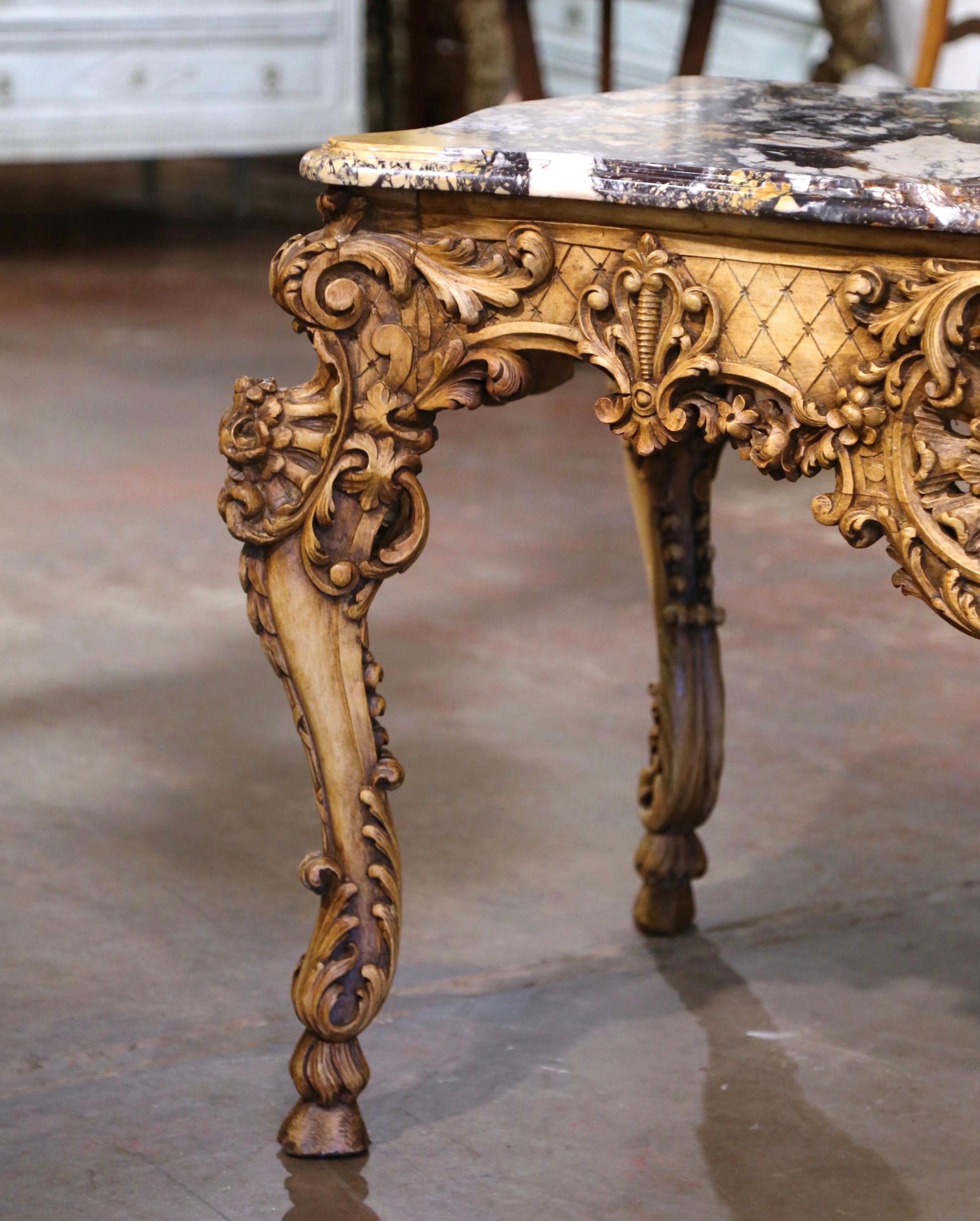 19th Century French Louis XV Marble Top Carved Bleached Walnut Console Table  In Excellent Condition For Sale In Dallas, TX