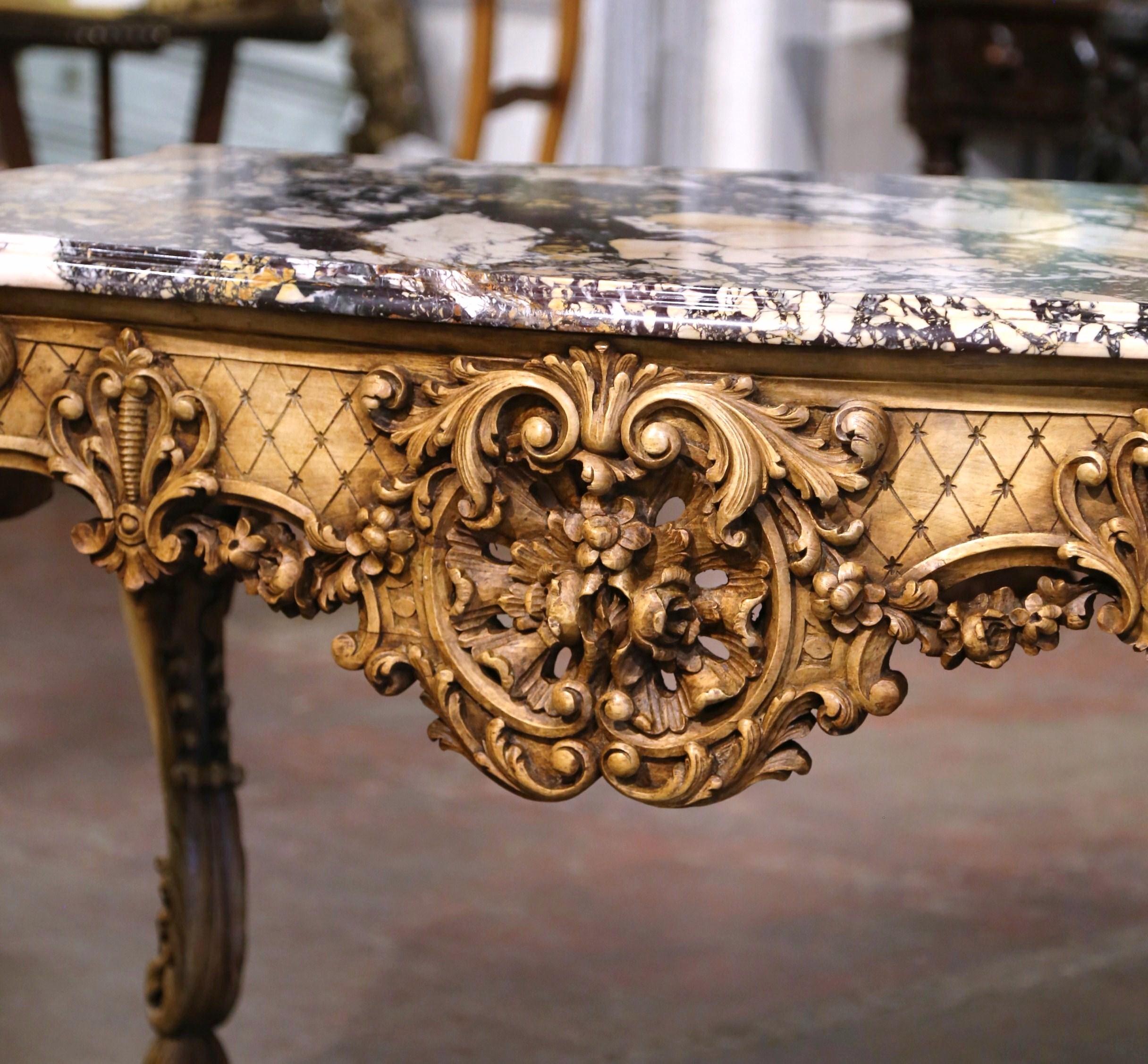 19th Century French Louis XV Marble Top Carved Bleached Walnut Console Table  For Sale 1
