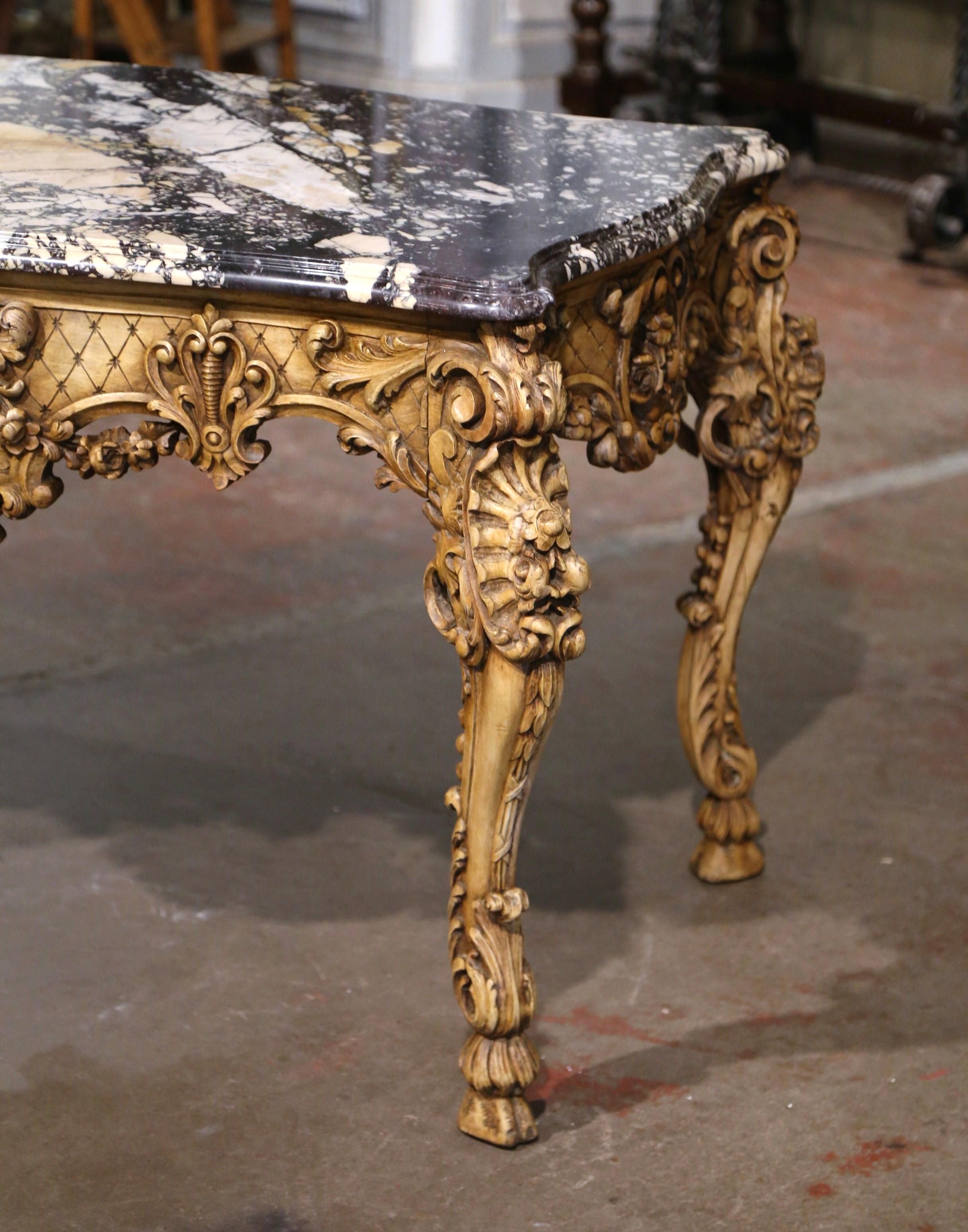 19th Century French Louis XV Marble Top Carved Bleached Walnut Console Table  For Sale 2