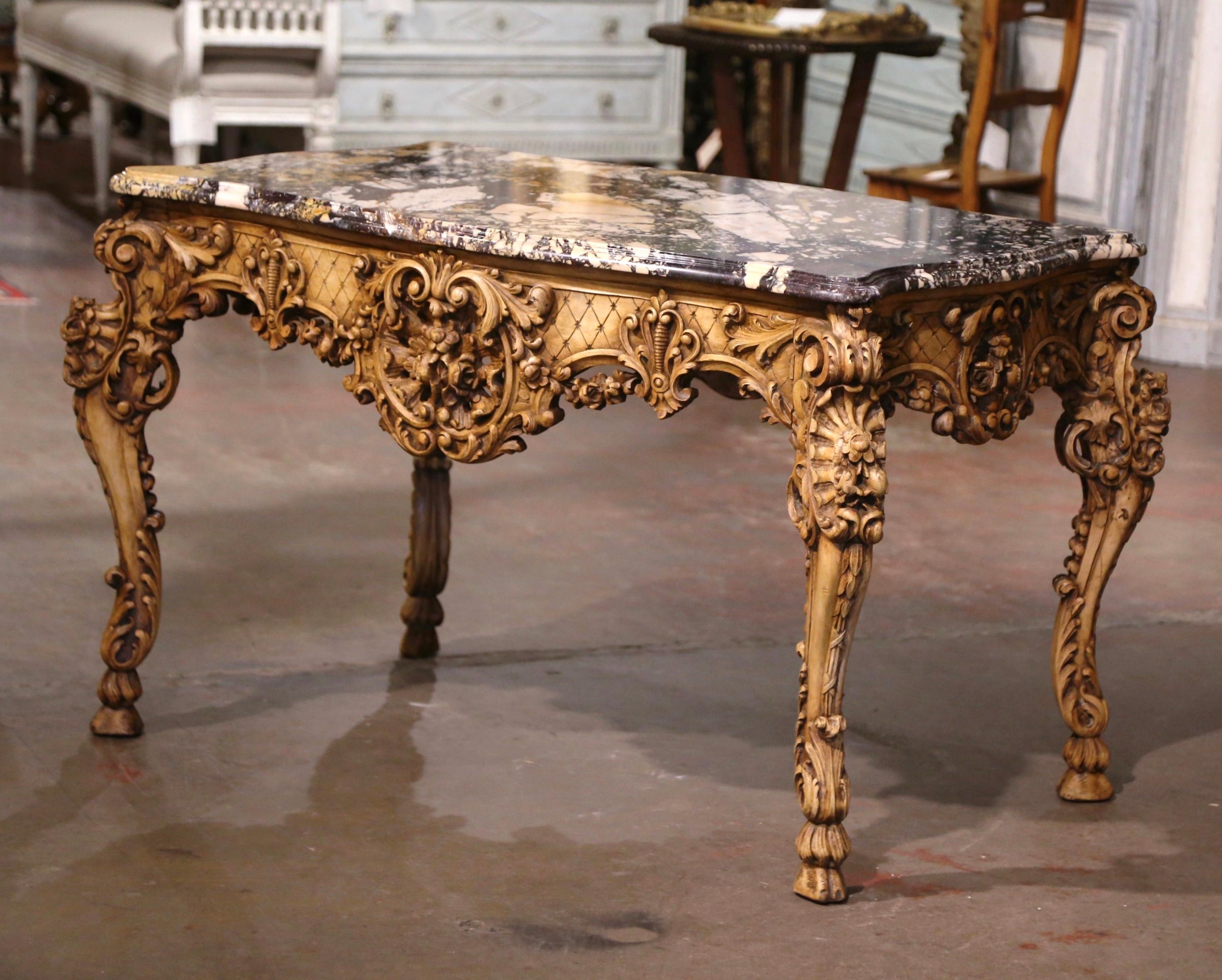19th Century French Louis XV Marble Top Carved Bleached Walnut Console Table  For Sale 3