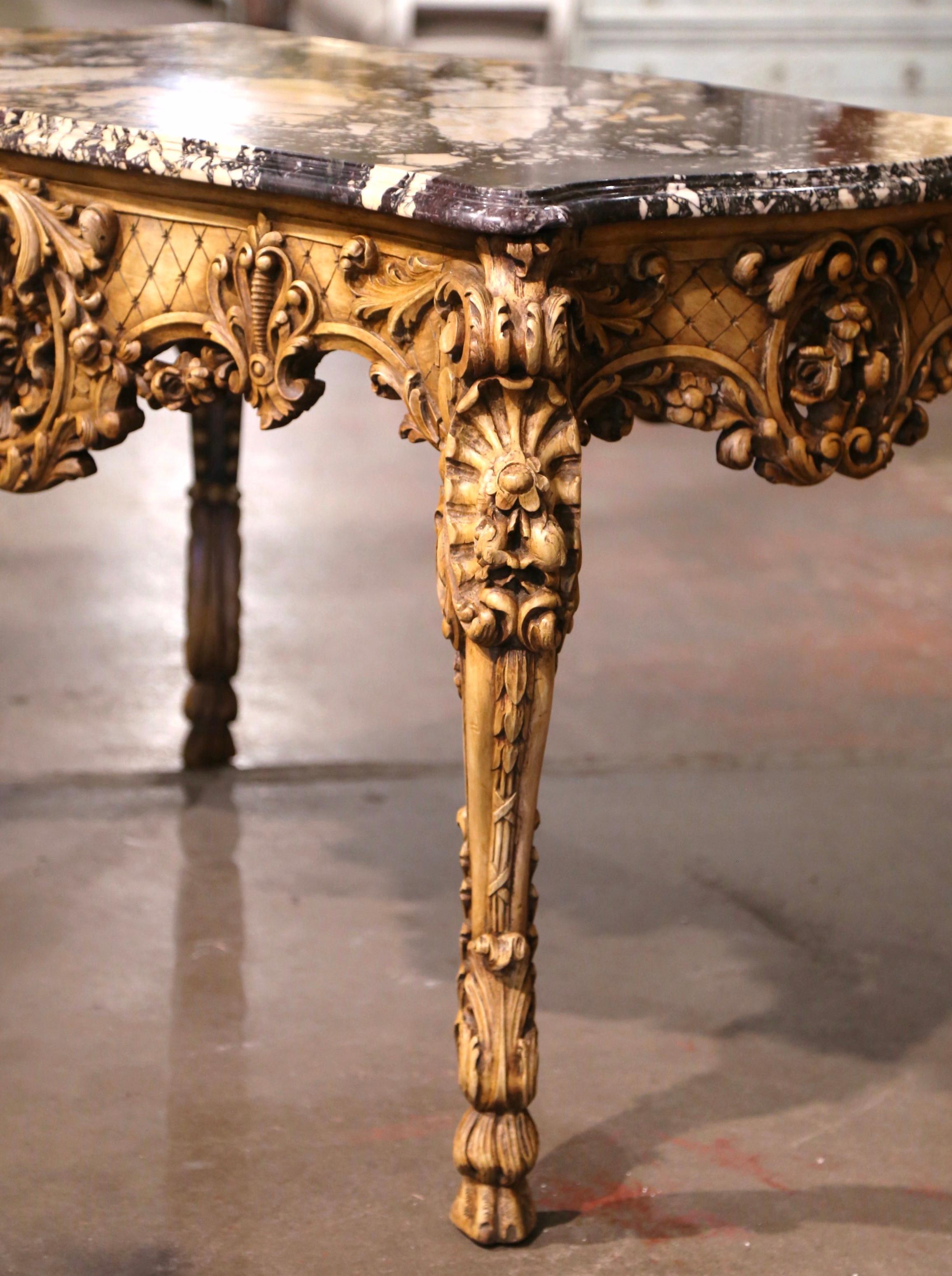 19th Century French Louis XV Marble Top Carved Bleached Walnut Console Table  For Sale 4