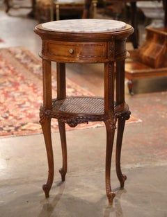 19th Century French Louis XV Marble Top Carved Walnut and Cane Oval Side Table
