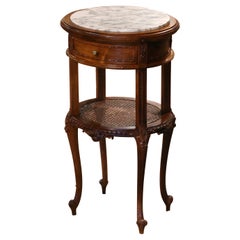 Antique 19th Century French Louis XV Marble Top Carved Walnut and Cane Oval Side Table