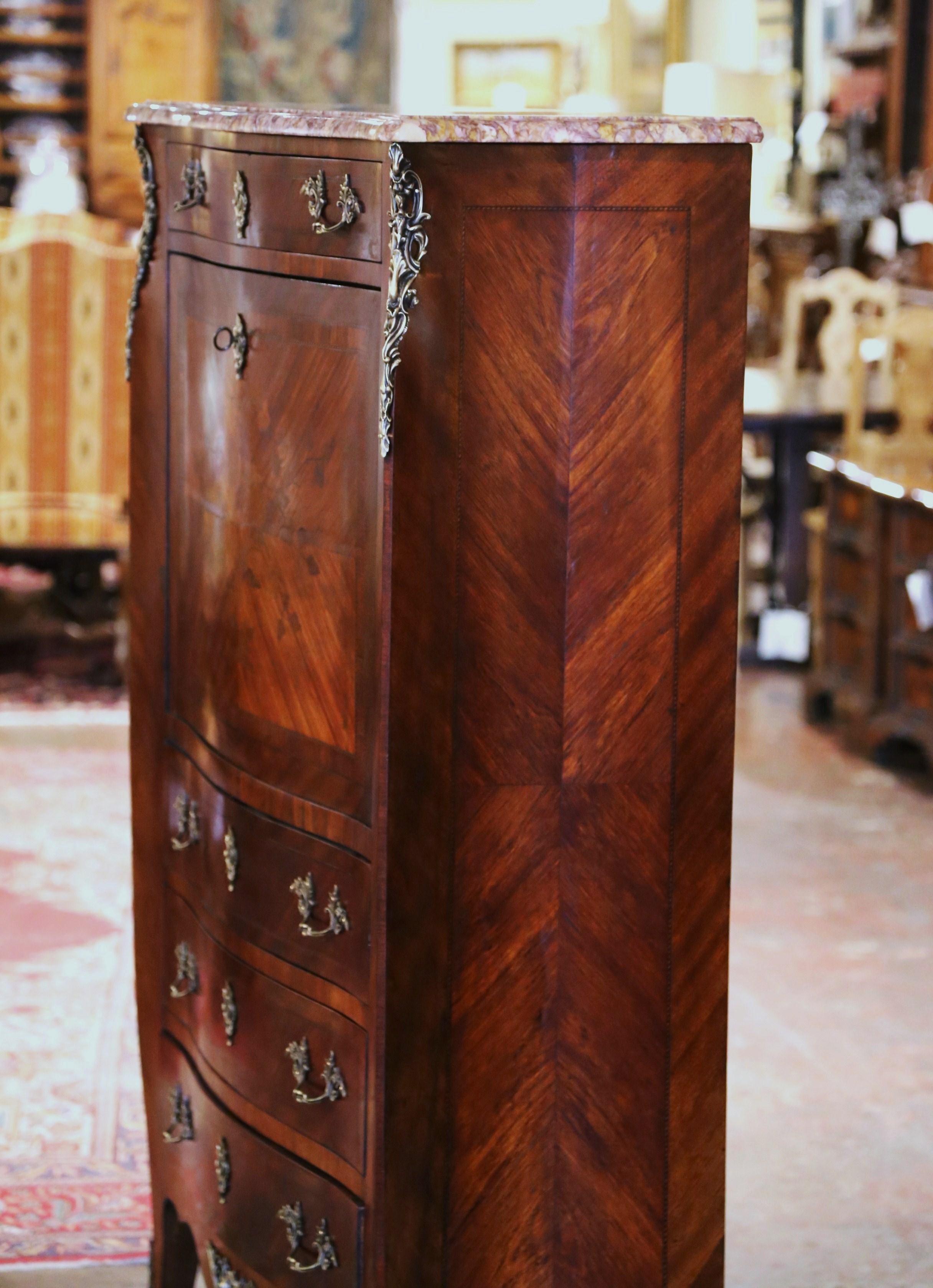 19th Century French Louis XV Marble Top Carved Walnut Marquetry Secretary Chest  For Sale 5