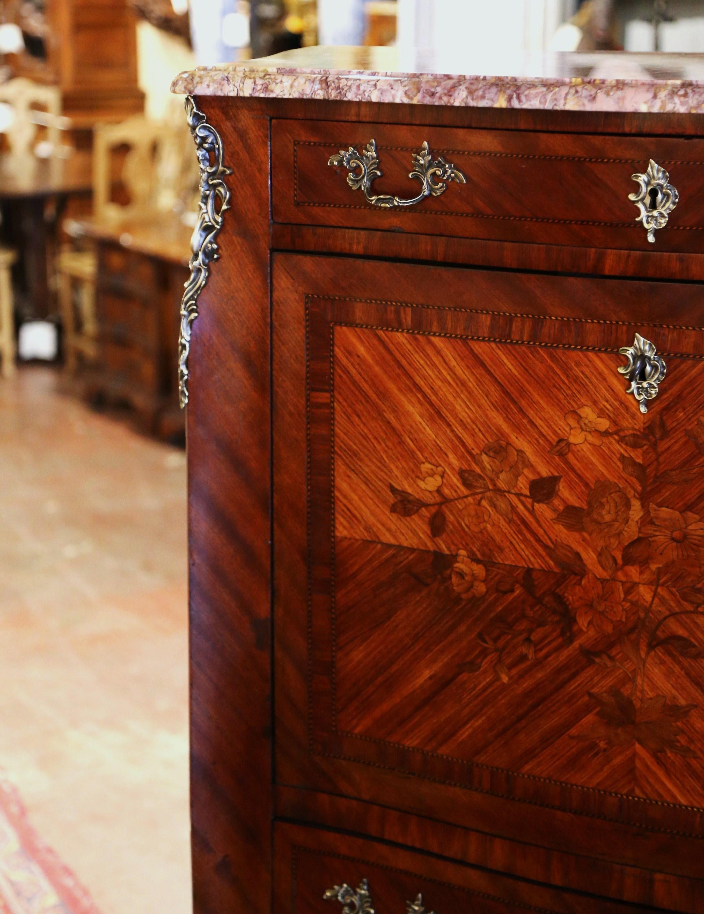 19th Century French Louis XV Marble Top Carved Walnut Marquetry Secretary Chest  For Sale 6