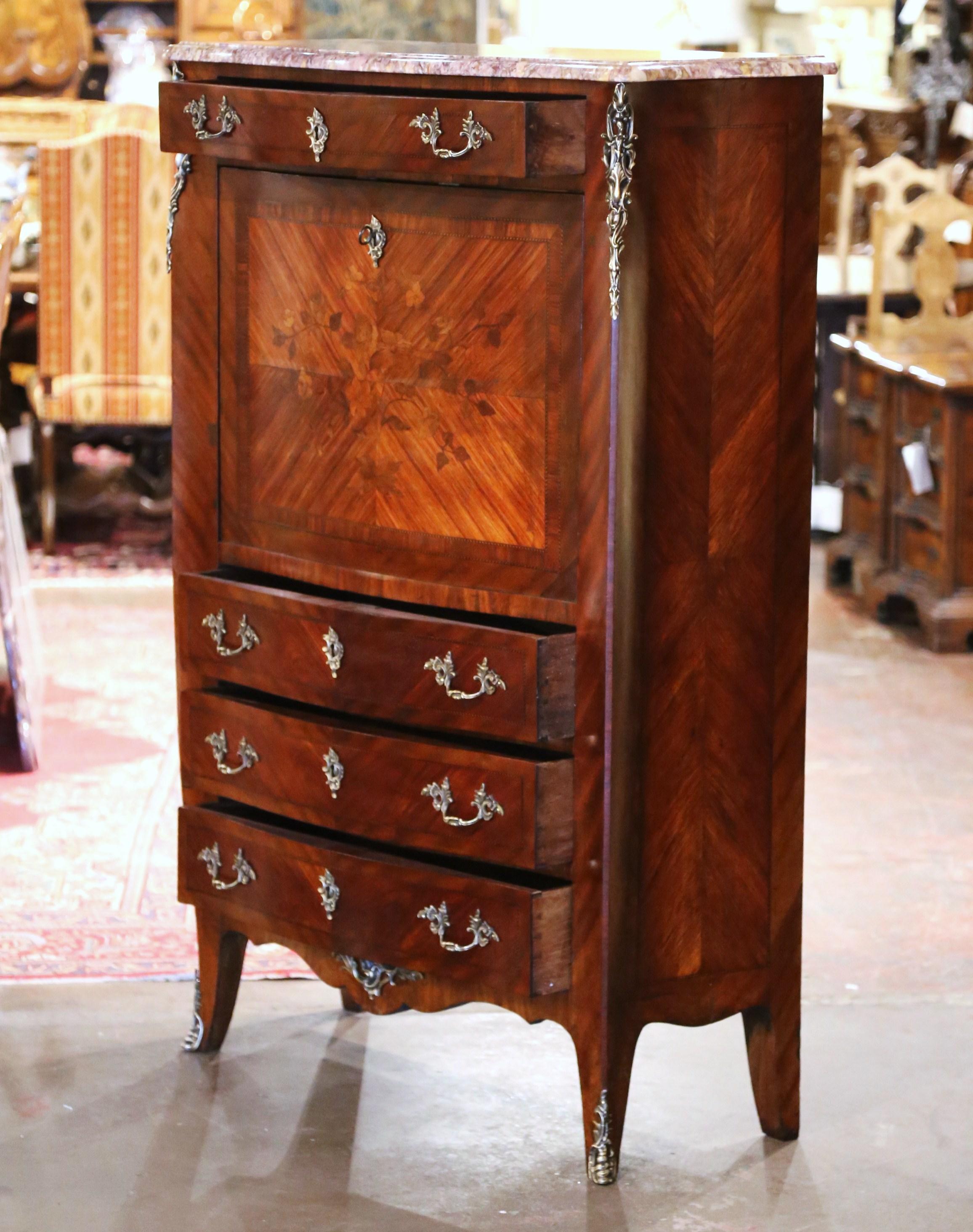 19th Century French Louis XV Marble Top Carved Walnut Marquetry Secretary Chest  For Sale 7