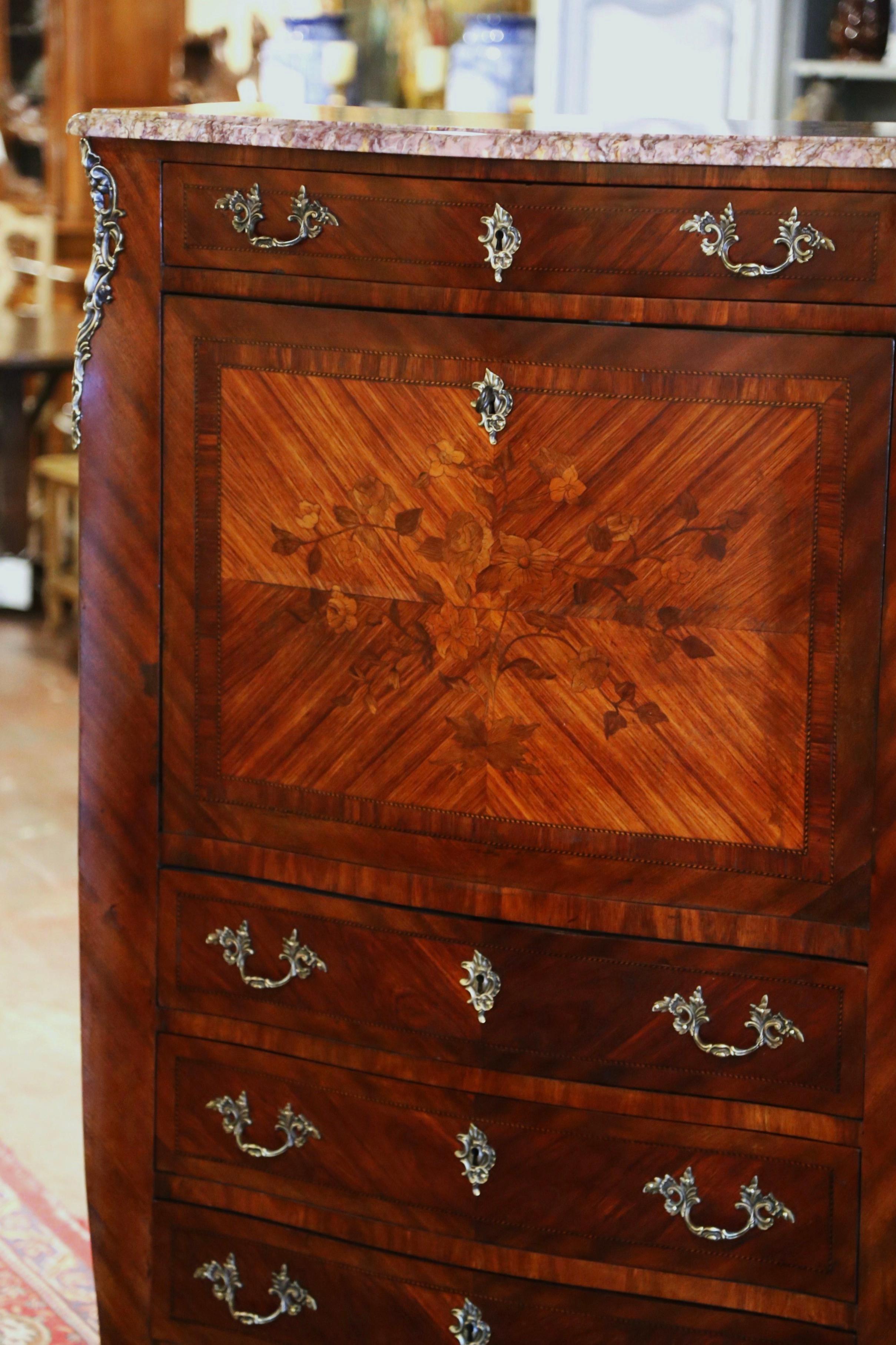 Hand-Carved 19th Century French Louis XV Marble Top Carved Walnut Marquetry Secretary Chest  For Sale