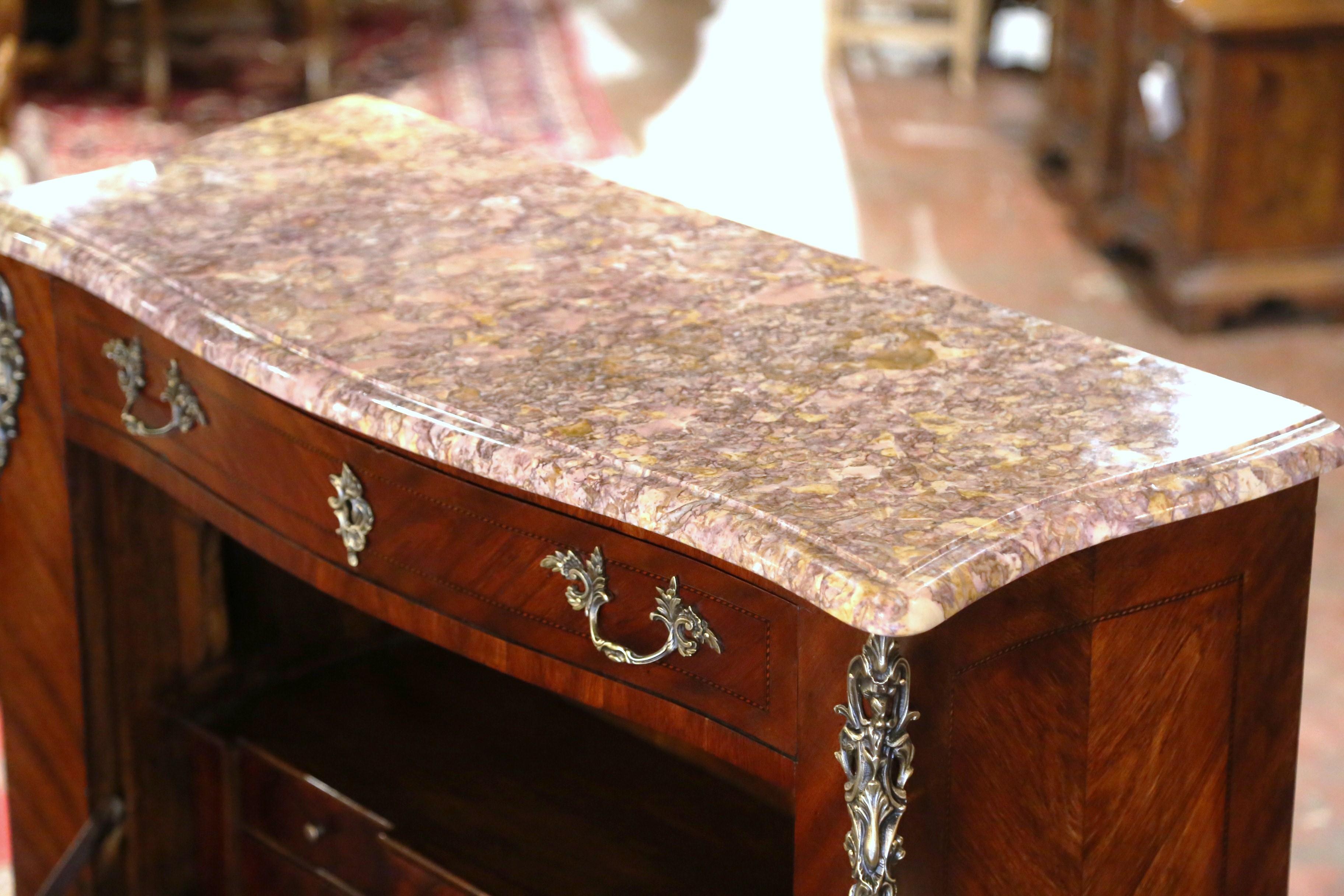 19th Century French Louis XV Marble Top Carved Walnut Marquetry Secretary Chest  In Excellent Condition For Sale In Dallas, TX