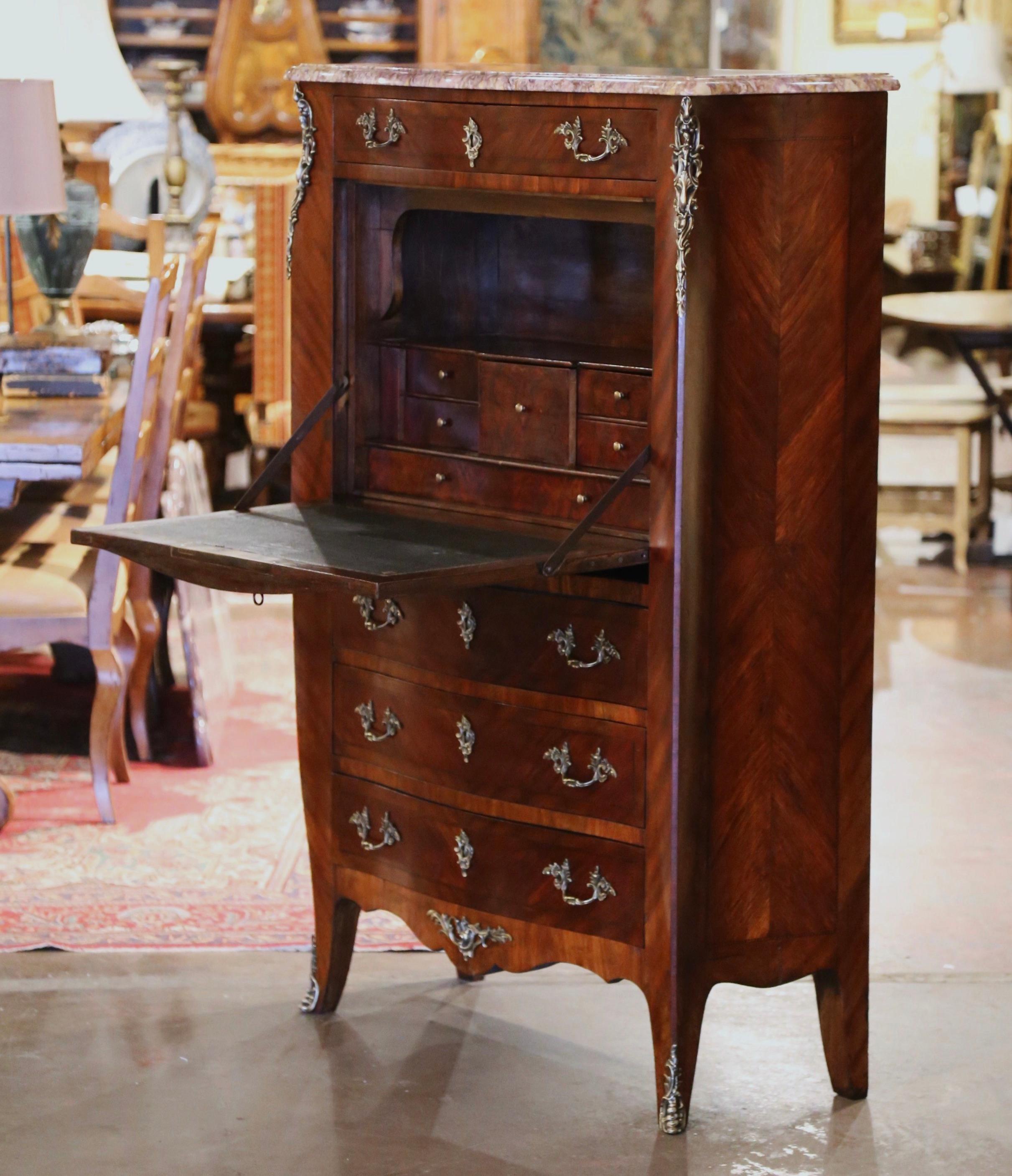 19th Century French Louis XV Marble Top Carved Walnut Marquetry Secretary Chest  For Sale 3