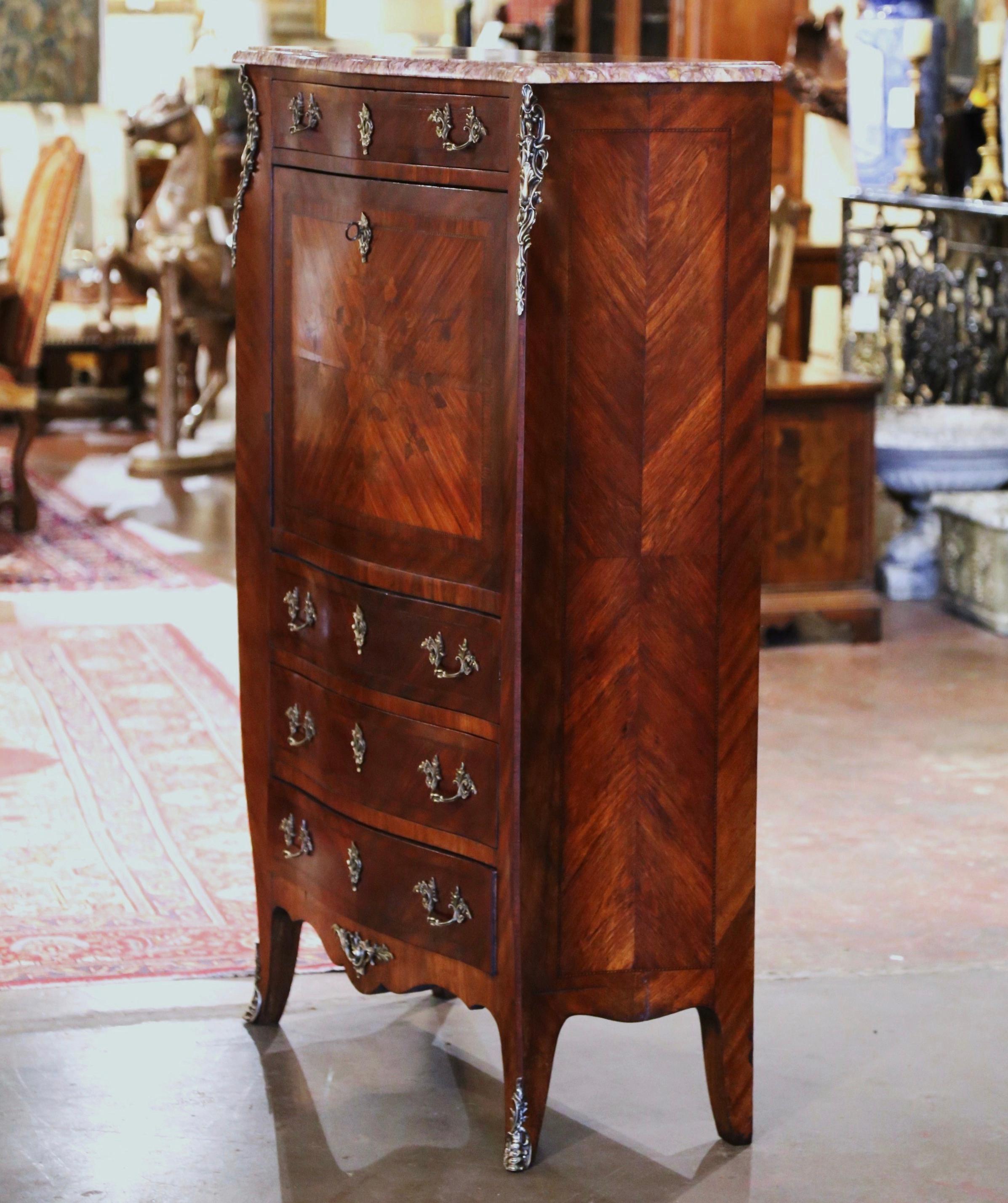 19th Century French Louis XV Marble Top Carved Walnut Marquetry Secretary Chest  For Sale 4