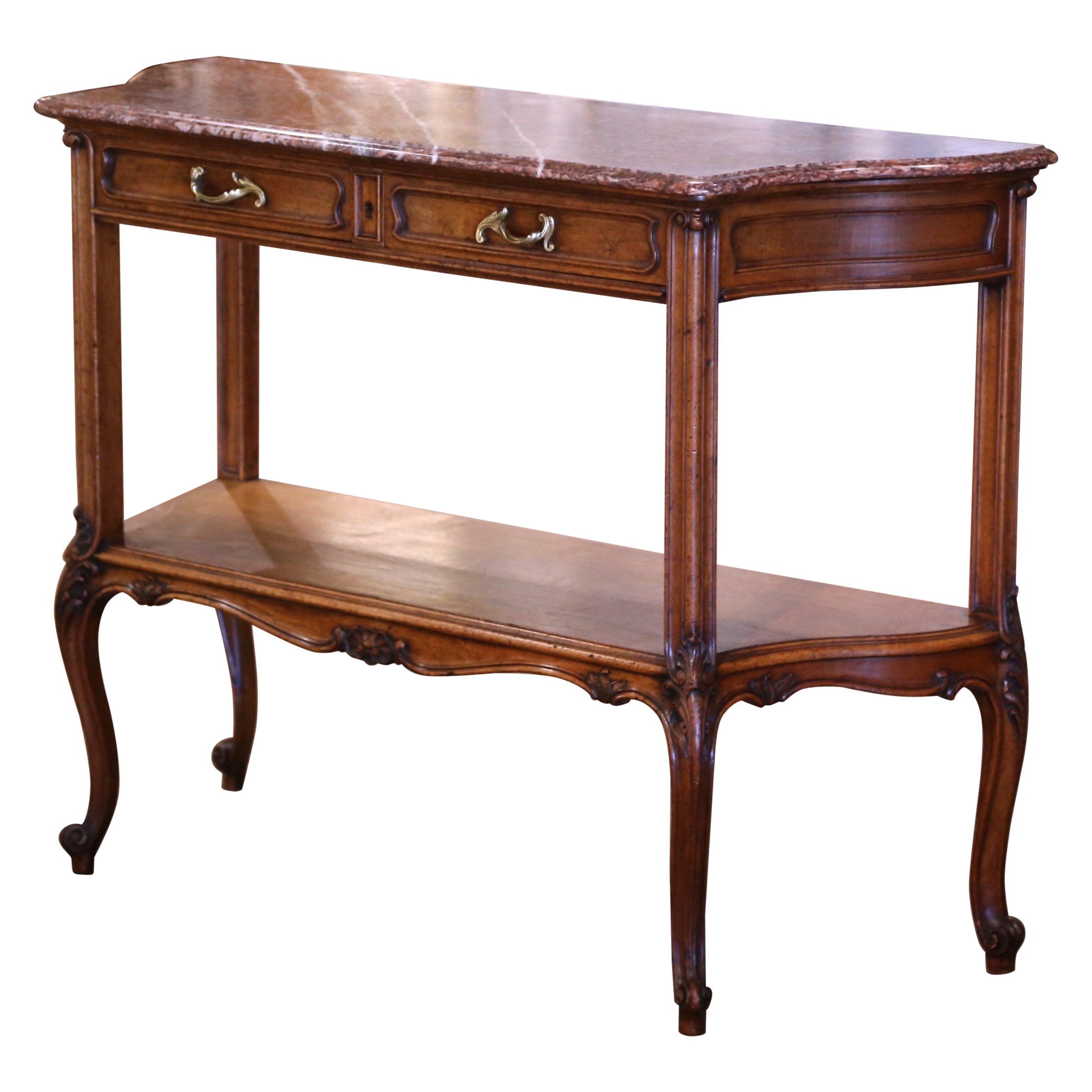 19th Century French Louis XV Marble Top Carved Walnut Server Desserte Table