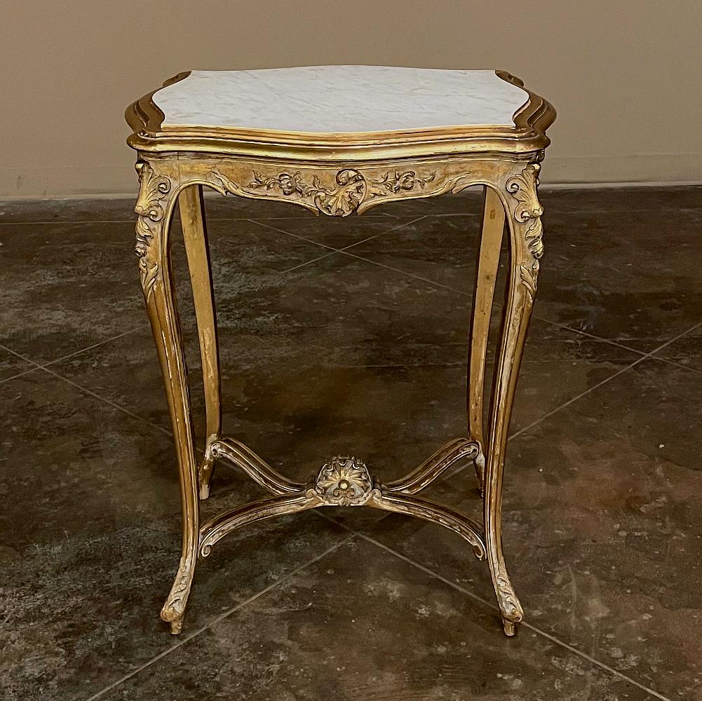 Hand-Crafted 19th Century French Louis XV Marble Top Giltwood End Table For Sale