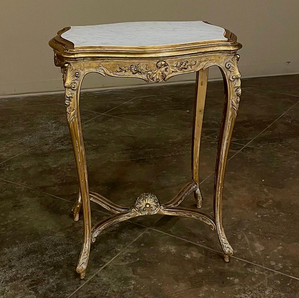 Carrara Marble 19th Century French Louis XV Marble Top Giltwood End Table For Sale