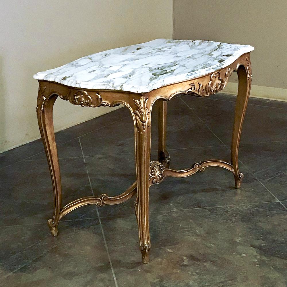 Hand-Carved 19th Century French Louis XV Marble Top Giltwood Table For Sale