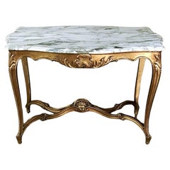 Table Louis XV du 19ème siècle avec plateau en marbre et bois doré