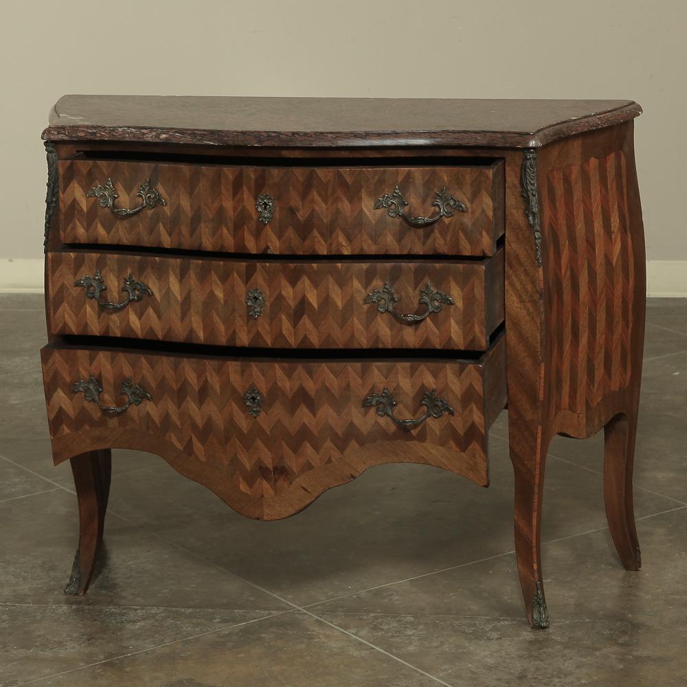 Hand-Crafted 19th Century French Louis XV Marble-Top Marquetry Bombe Commode