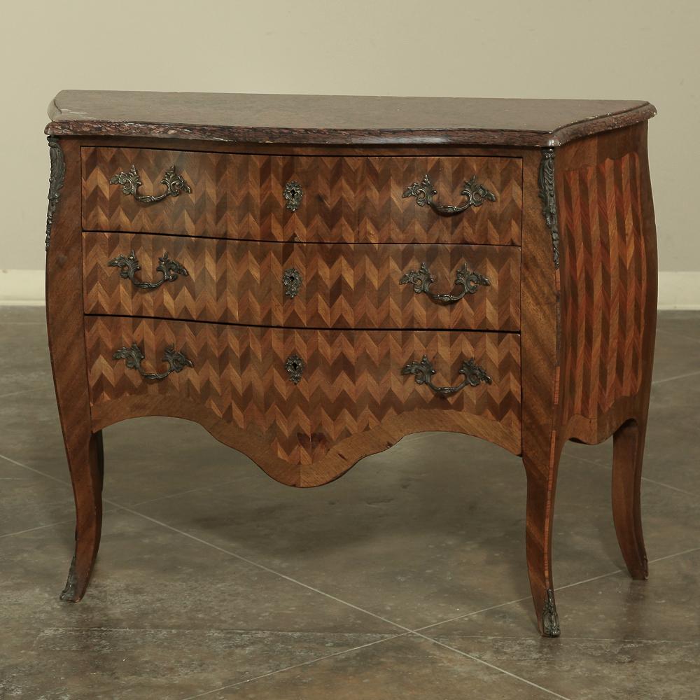 Late 19th Century 19th Century French Louis XV Marble-Top Marquetry Bombe Commode