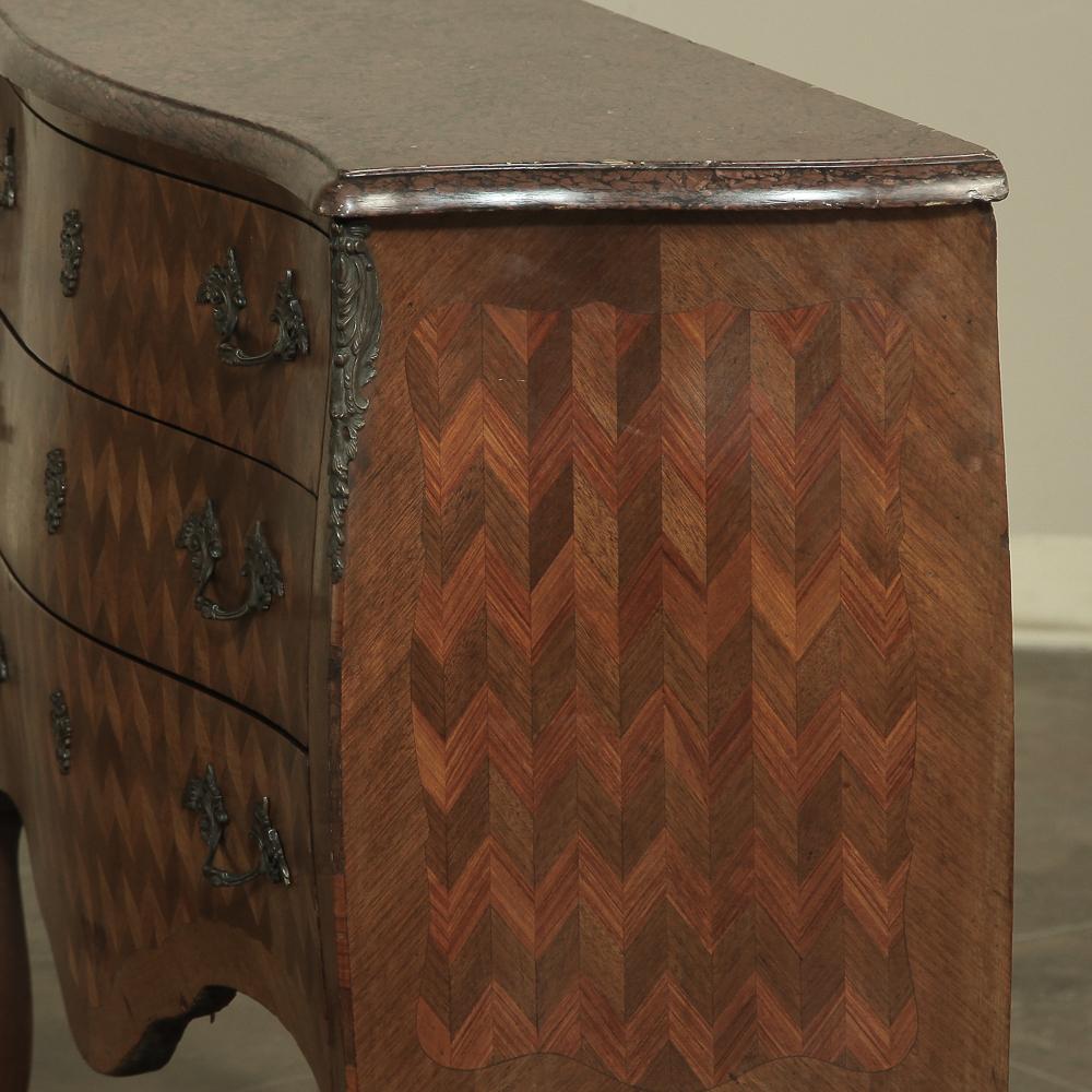 19th Century French Louis XV Marble-Top Marquetry Bombe Commode 1