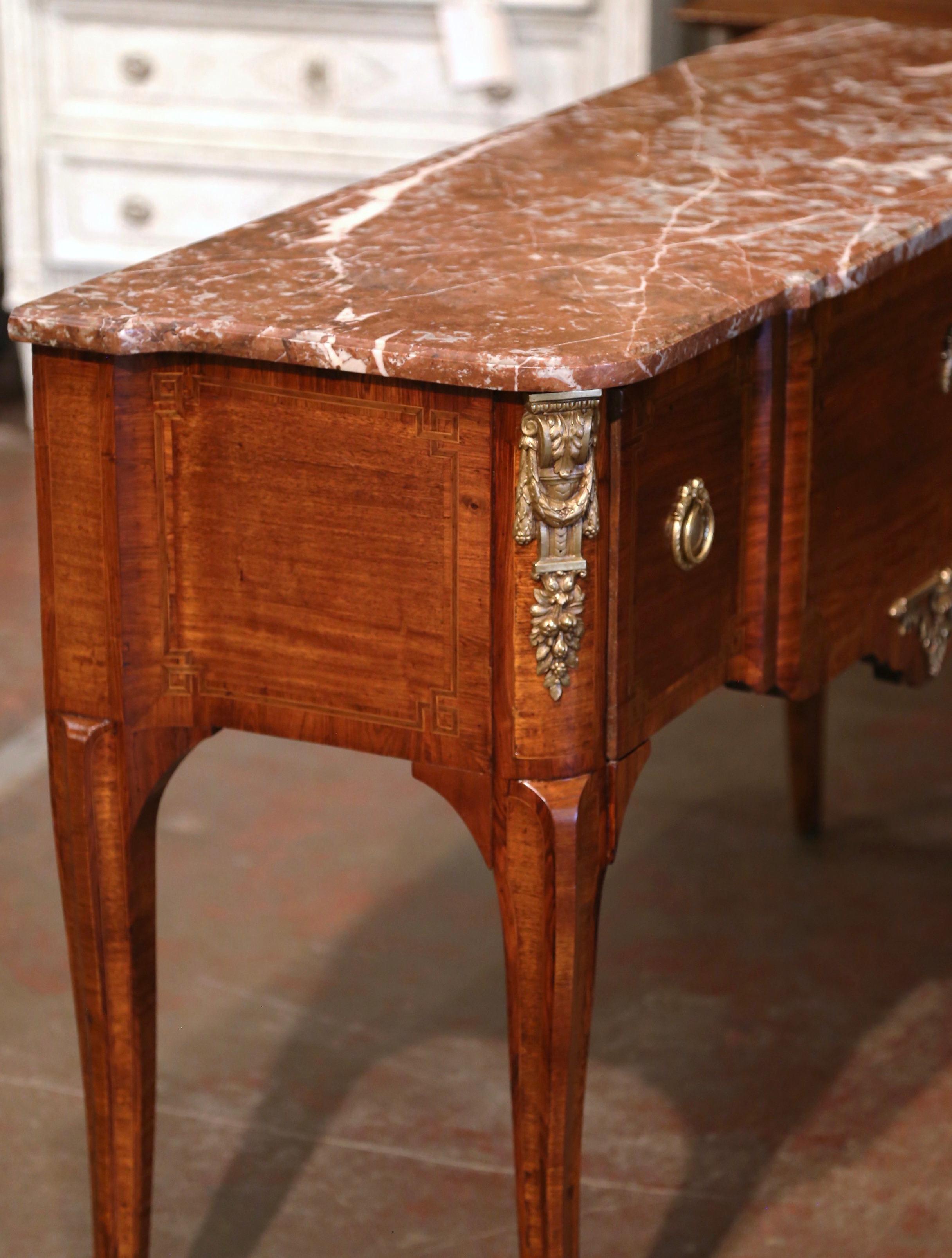 19th Century French Louis XV Marble Top Tulipwood Inlaid Single Drawer Console For Sale 6