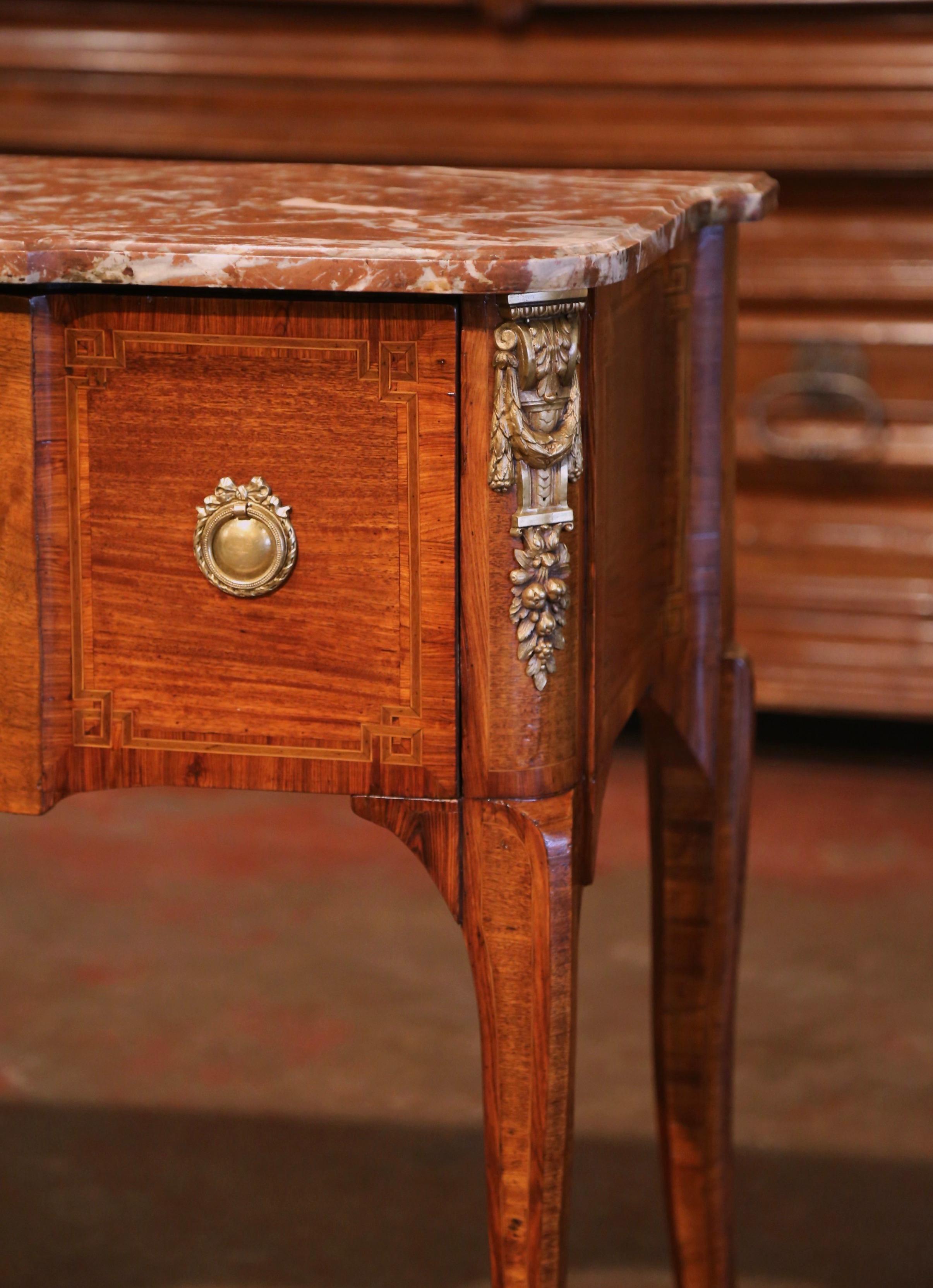 19th Century French Louis XV Marble Top Tulipwood Inlaid Single Drawer Console For Sale 7