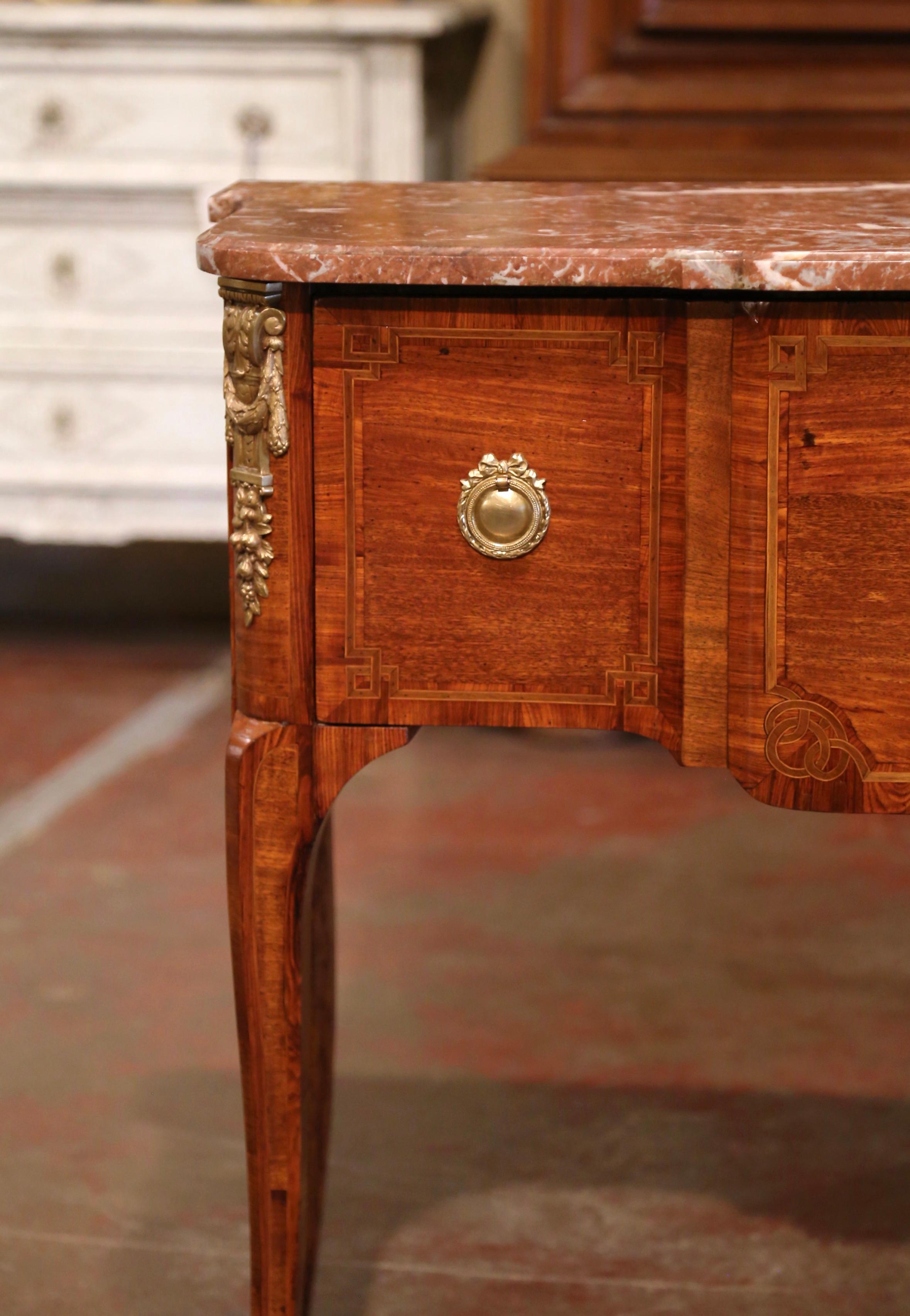 19th Century French Louis XV Marble Top Tulipwood Inlaid Single Drawer Console For Sale 8