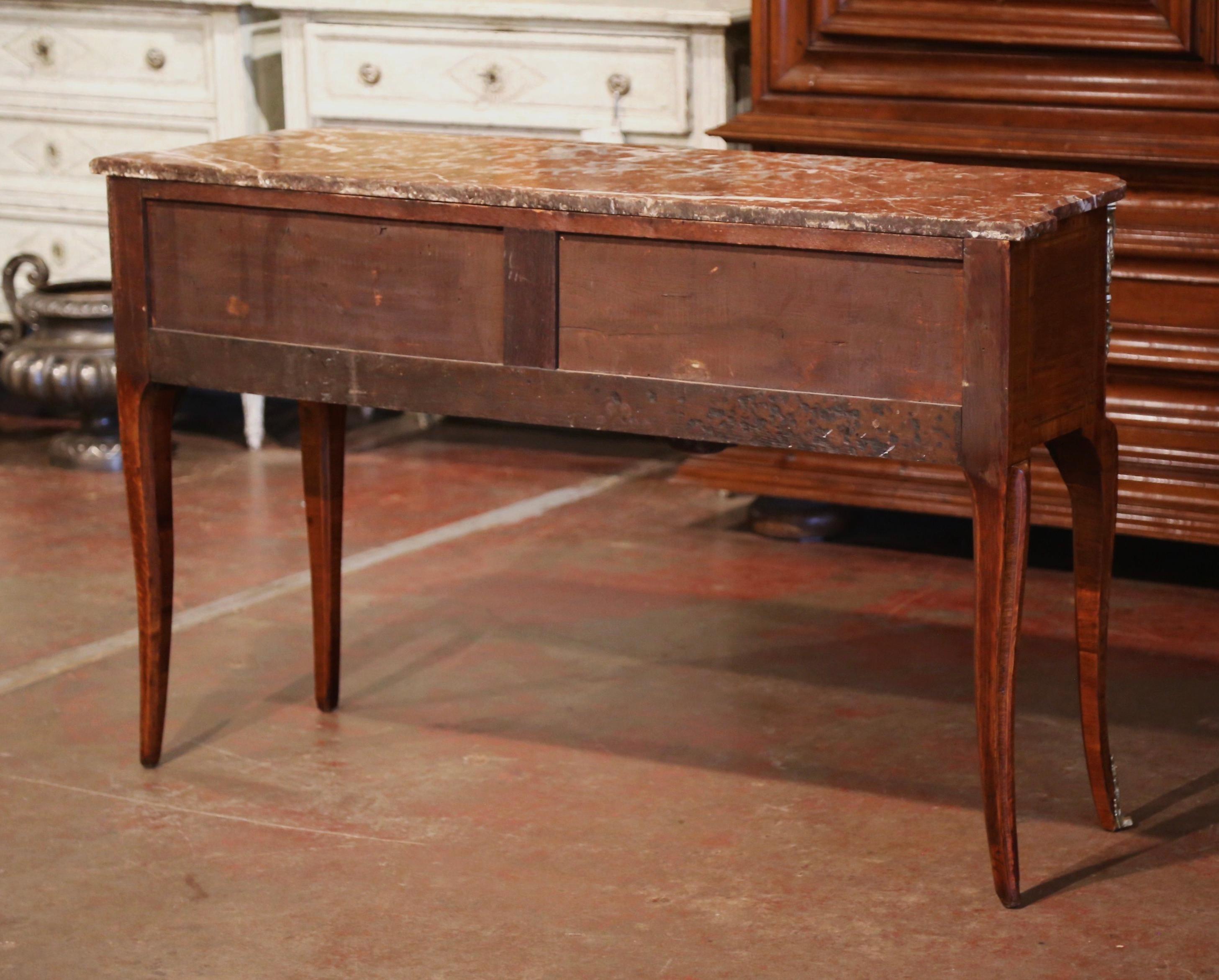 Console francese Luigi XV del XIX secolo con piano in marmo e intarsi in legno di tulipano a un cassetto in vendita 7