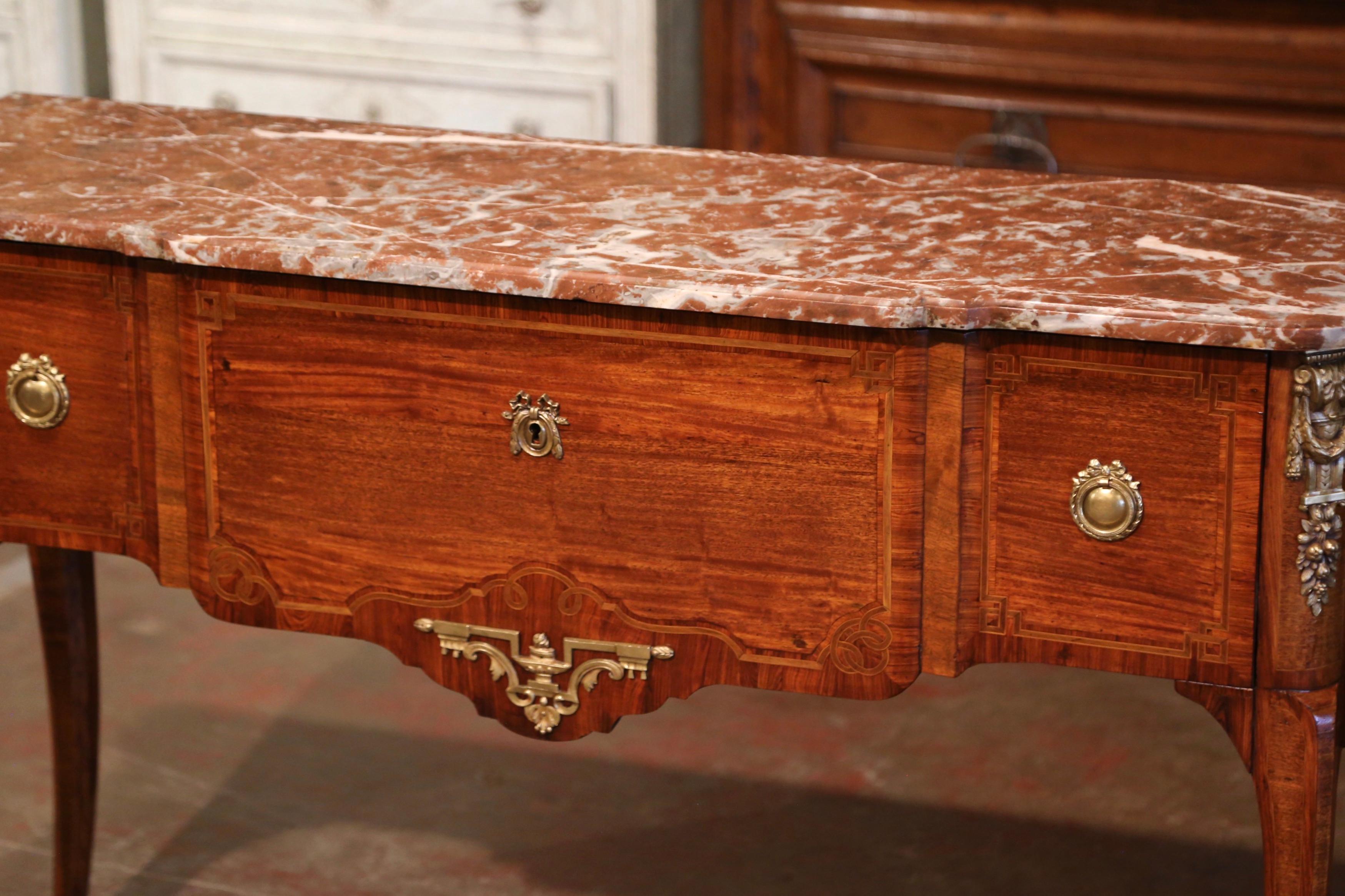 Inlay 19th Century French Louis XV Marble Top Tulipwood Inlaid Single Drawer Console For Sale