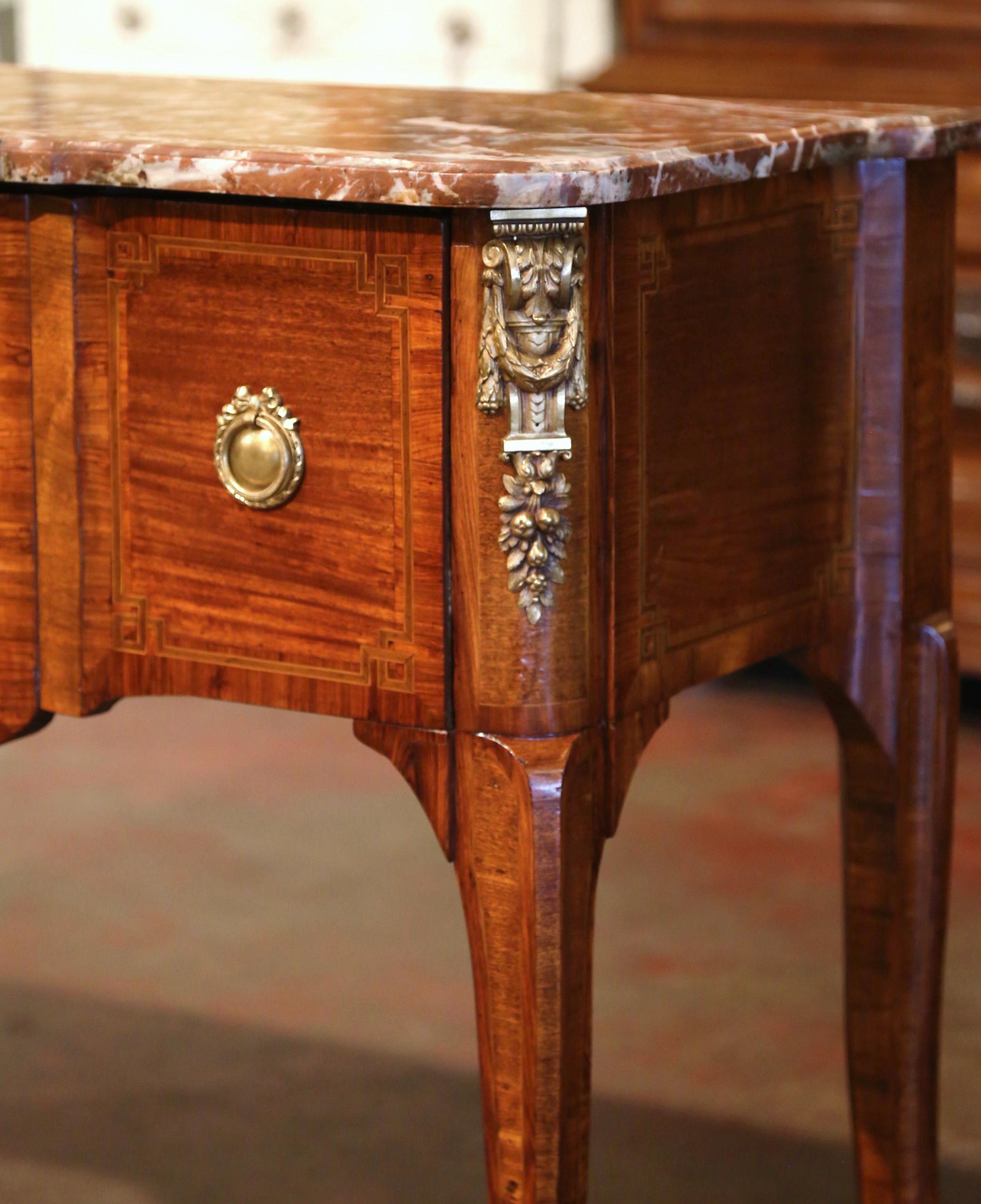 19th Century French Louis XV Marble Top Tulipwood Inlaid Single Drawer Console In Excellent Condition For Sale In Dallas, TX