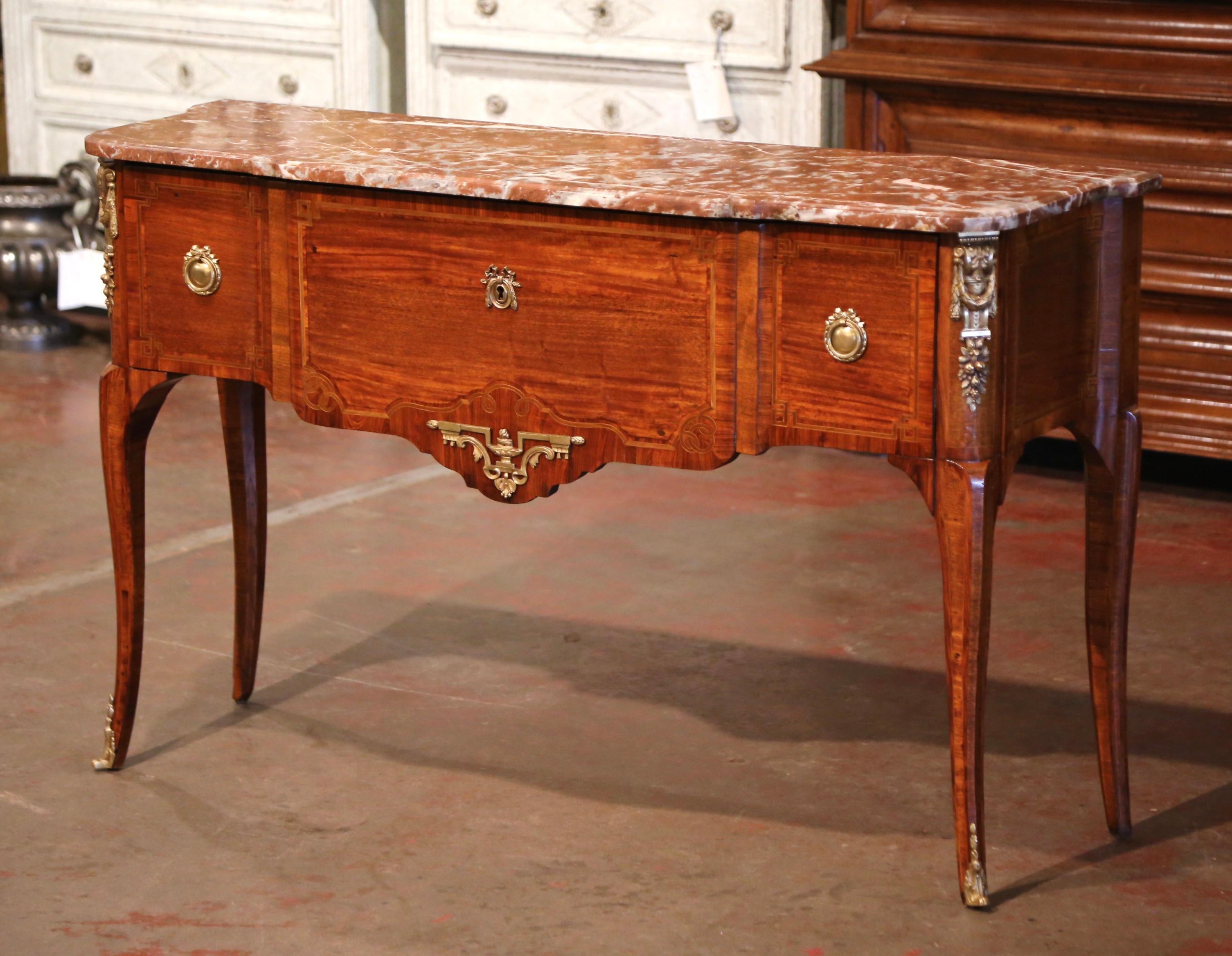 19th Century French Louis XV Marble Top Tulipwood Inlaid Single Drawer Console For Sale 1