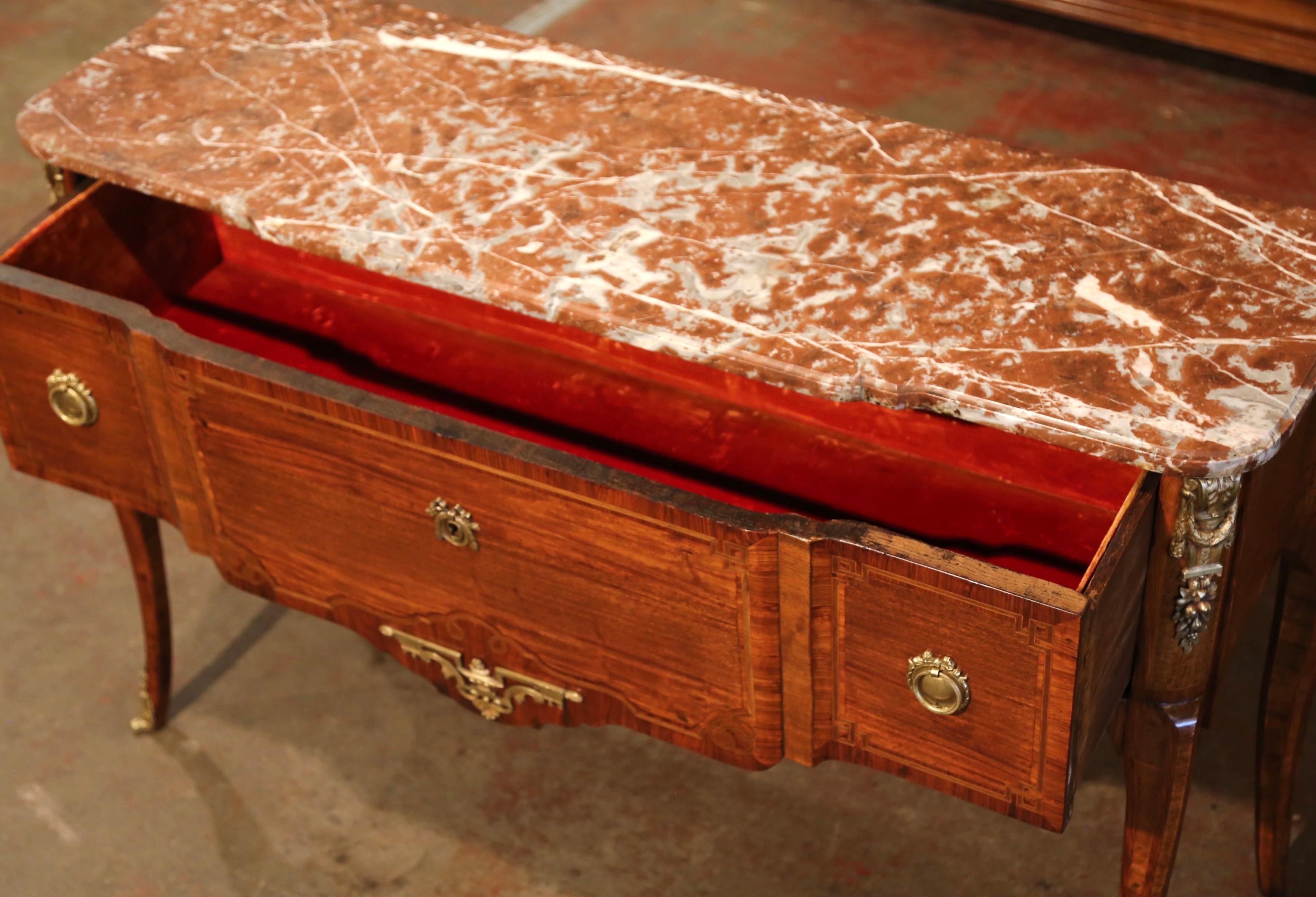 19th Century French Louis XV Marble Top Tulipwood Inlaid Single Drawer Console For Sale 2