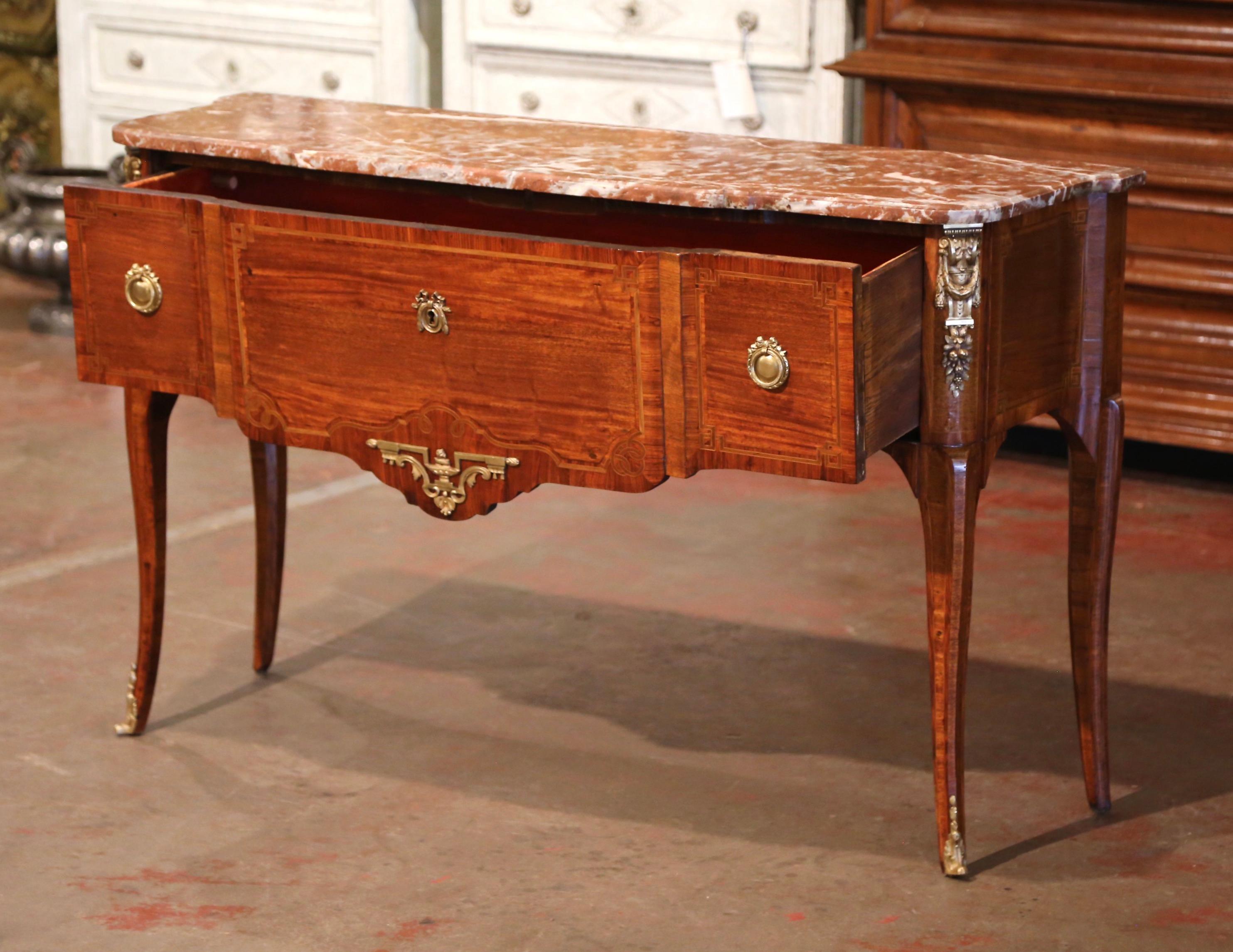19th Century French Louis XV Marble Top Tulipwood Inlaid Single Drawer Console For Sale 3