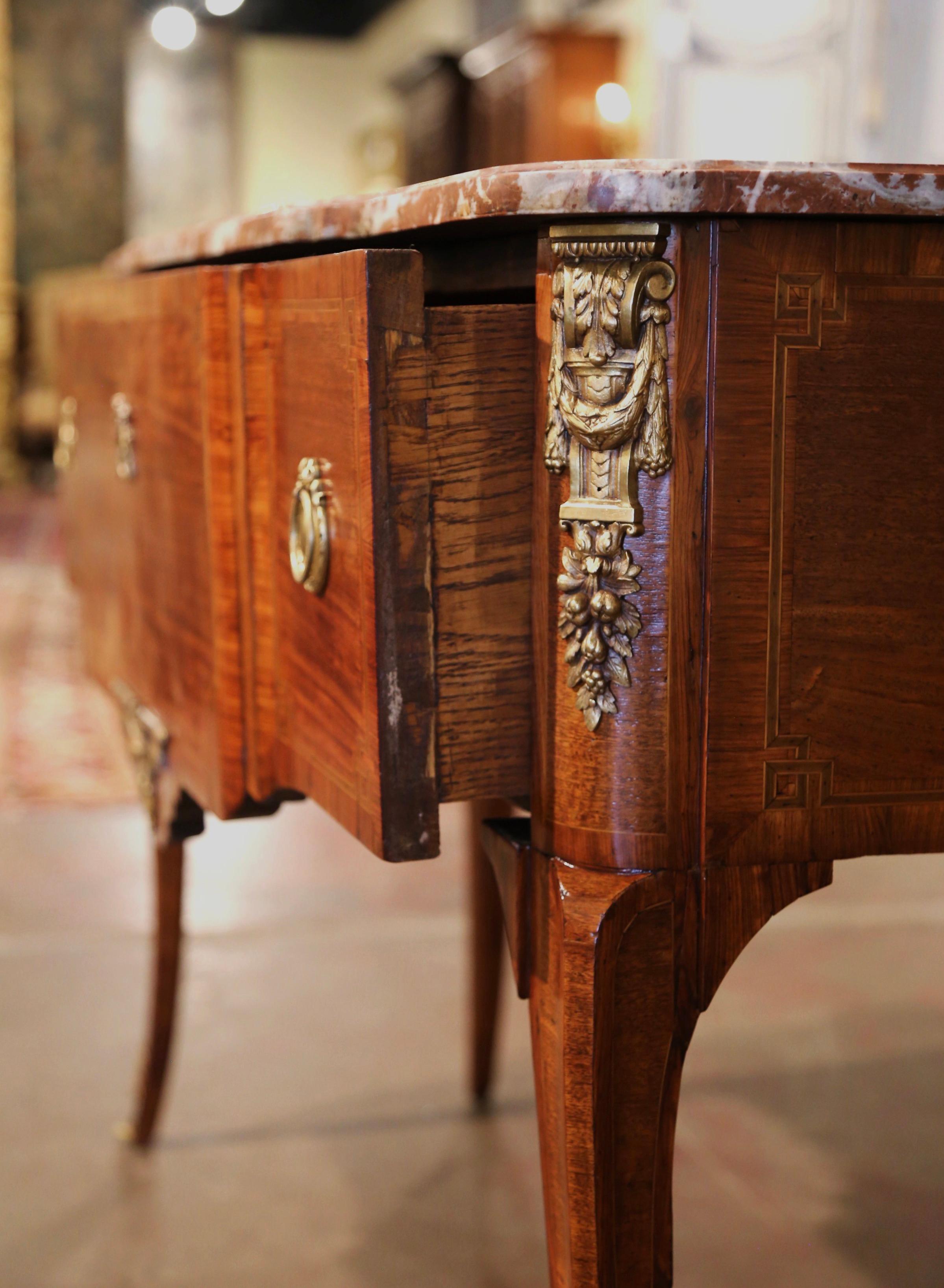 19th Century French Louis XV Marble Top Tulipwood Inlaid Single Drawer Console For Sale 4