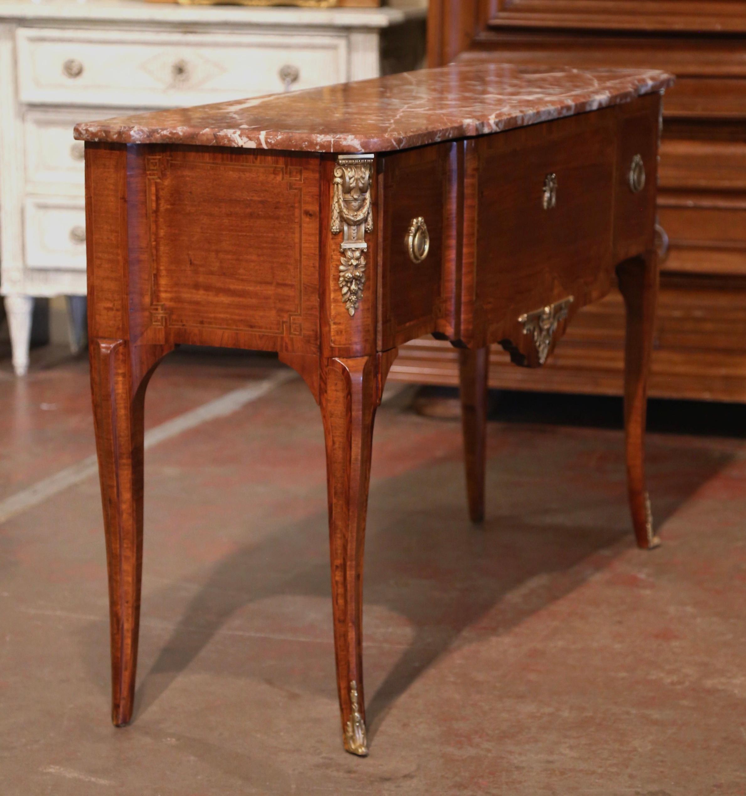 19th Century French Louis XV Marble Top Tulipwood Inlaid Single Drawer Console For Sale 5