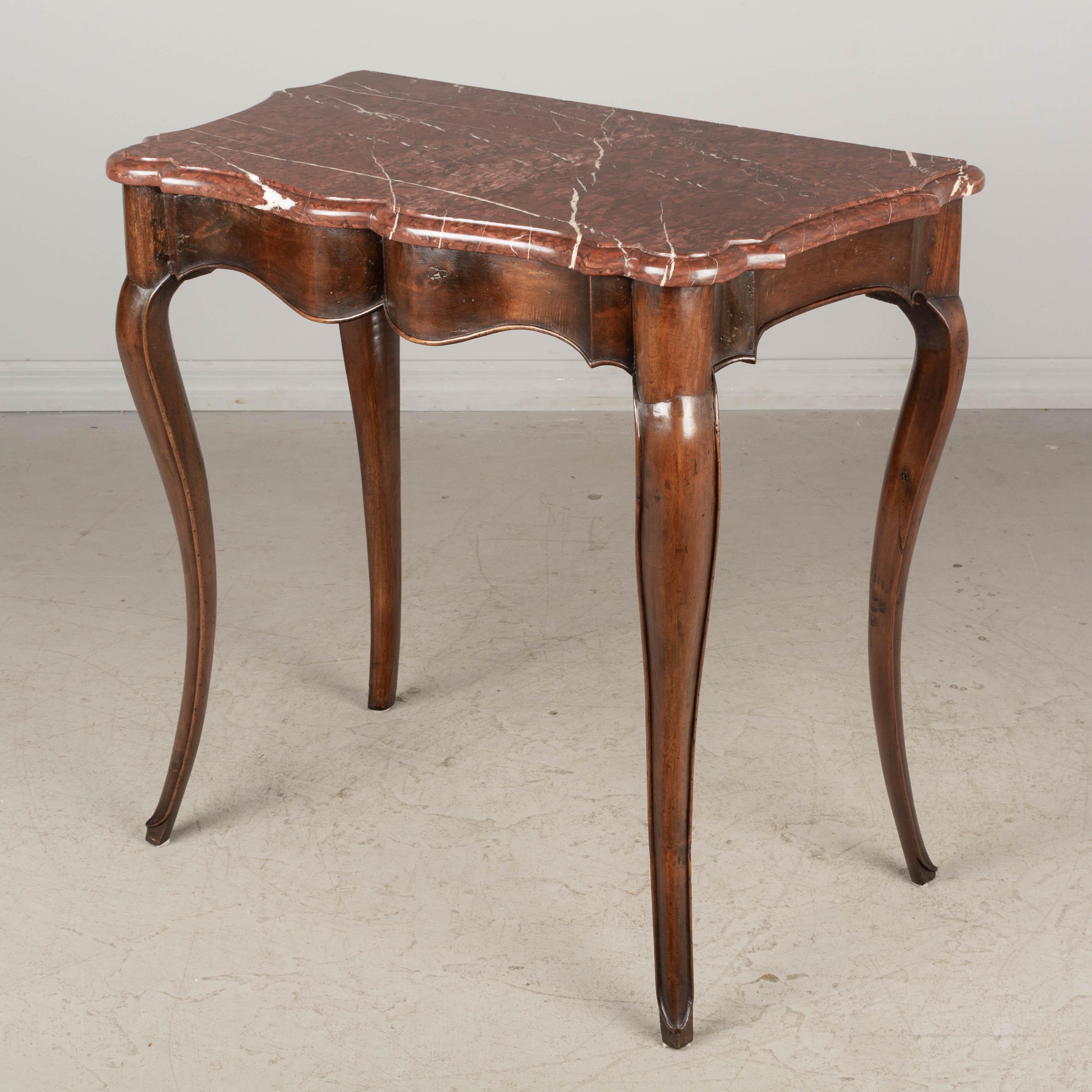 Hand-Carved 19th Century, French Louis XV Marble Top Walnut Console Table For Sale