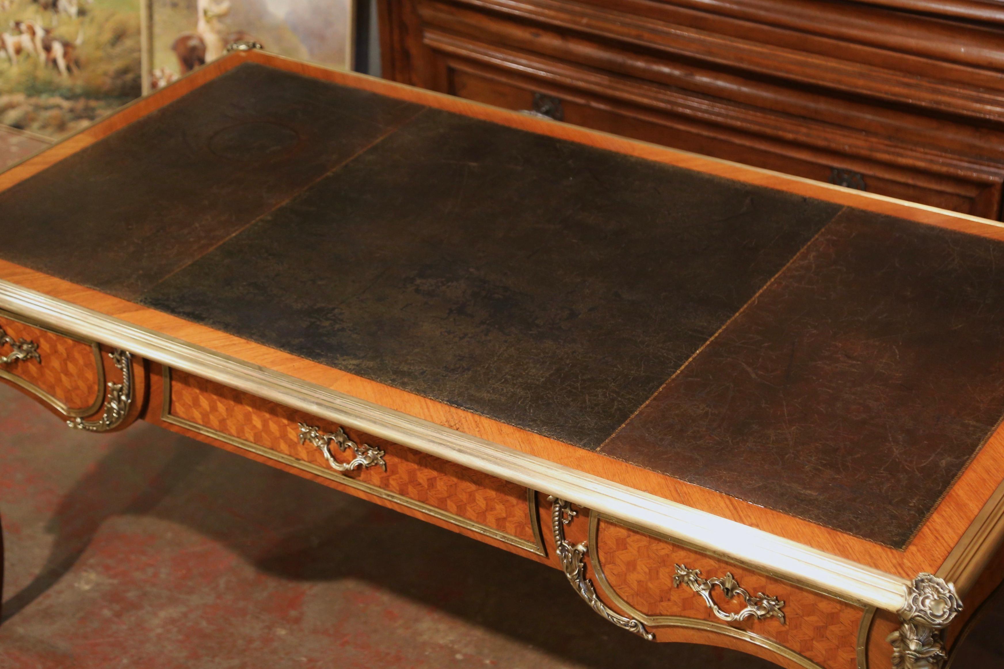 19th Century French Louis XV Leather Top Marquetry and Bronze Bureau Plat 7