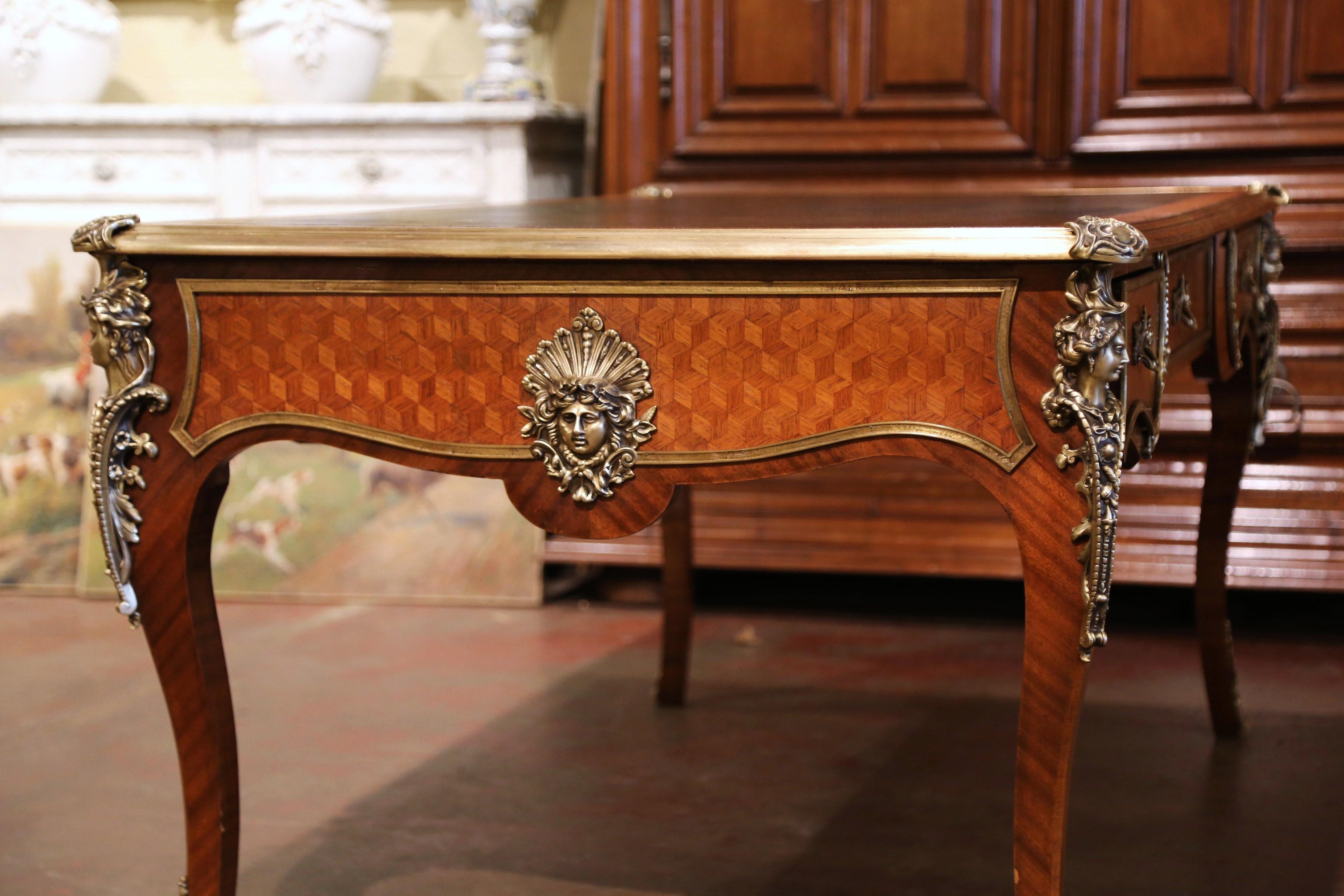 19th Century French Louis XV Leather Top Marquetry and Bronze Bureau Plat 10