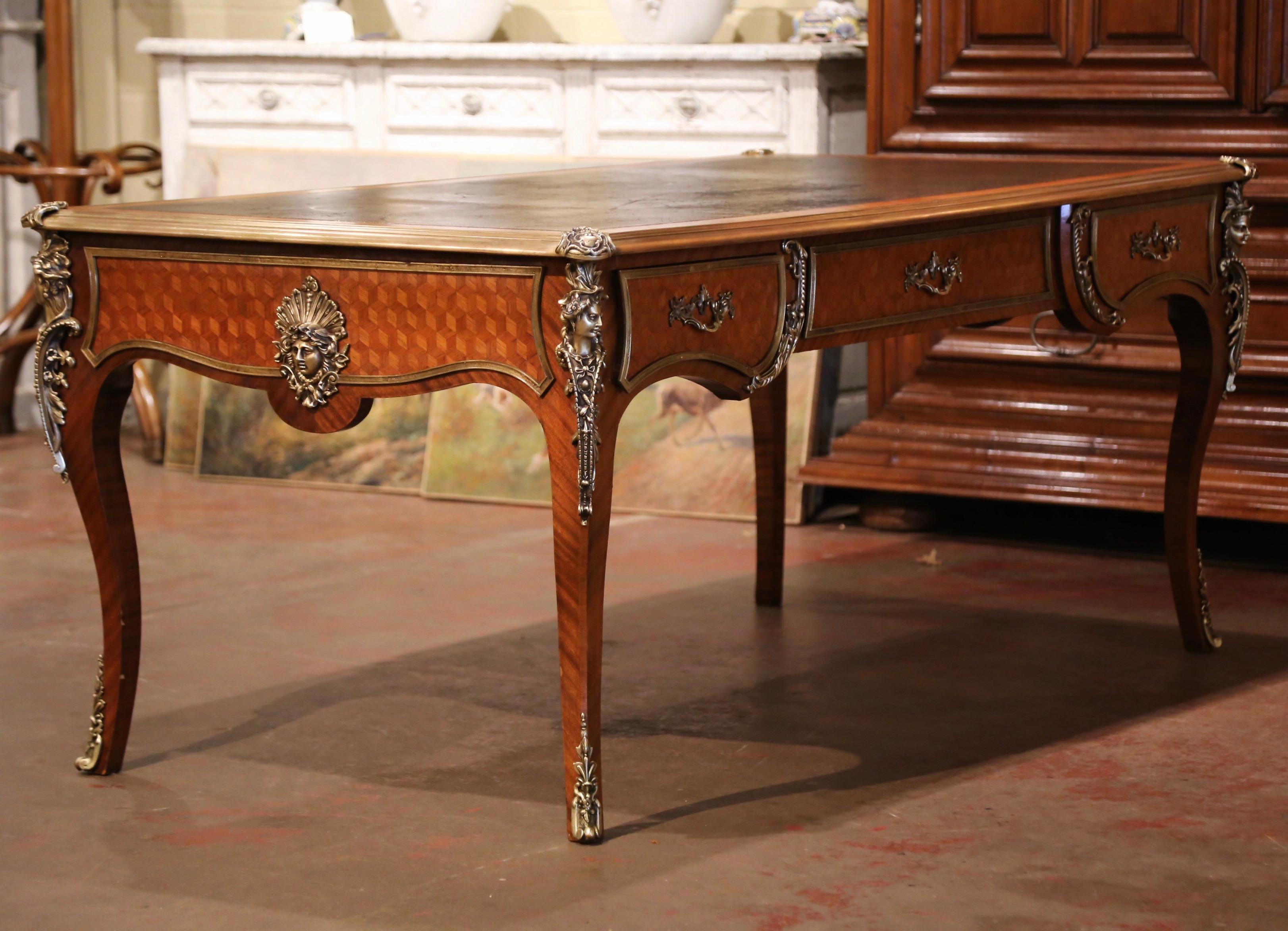 19th Century French Louis XV Leather Top Marquetry and Bronze Bureau Plat In Excellent Condition In Dallas, TX