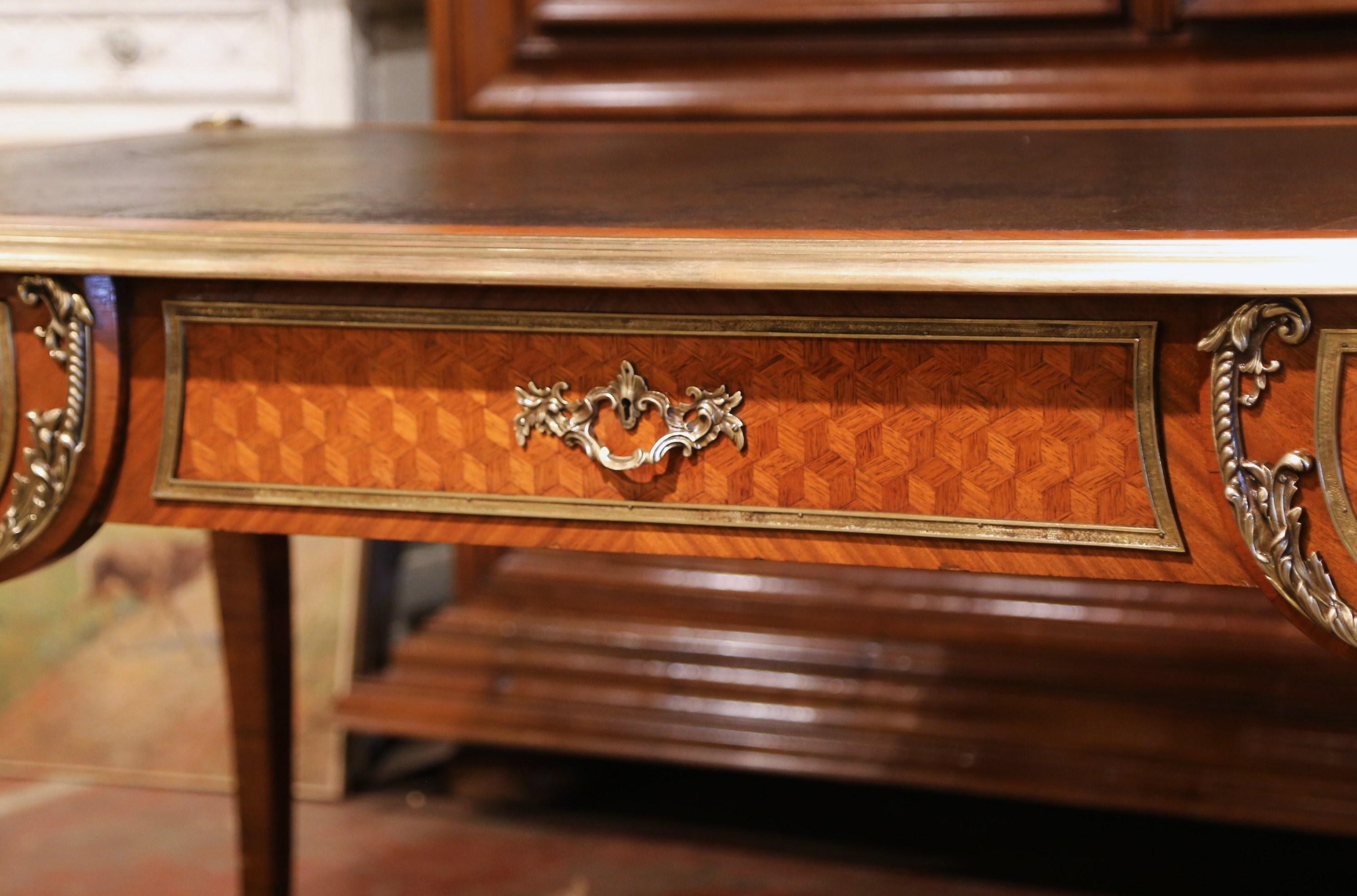 19th Century French Louis XV Leather Top Marquetry and Bronze Bureau Plat 2