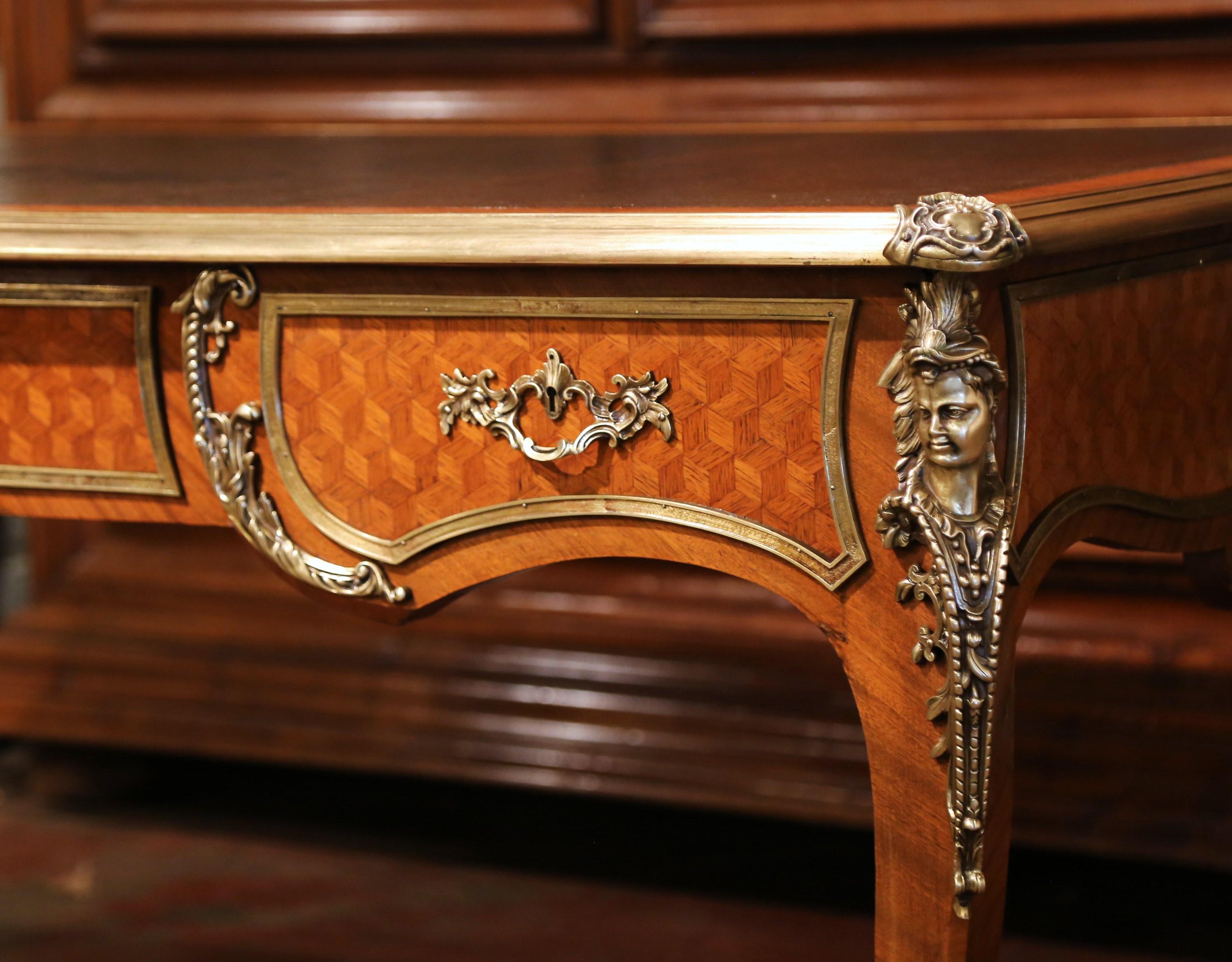 19th Century French Louis XV Leather Top Marquetry and Bronze Bureau Plat 3