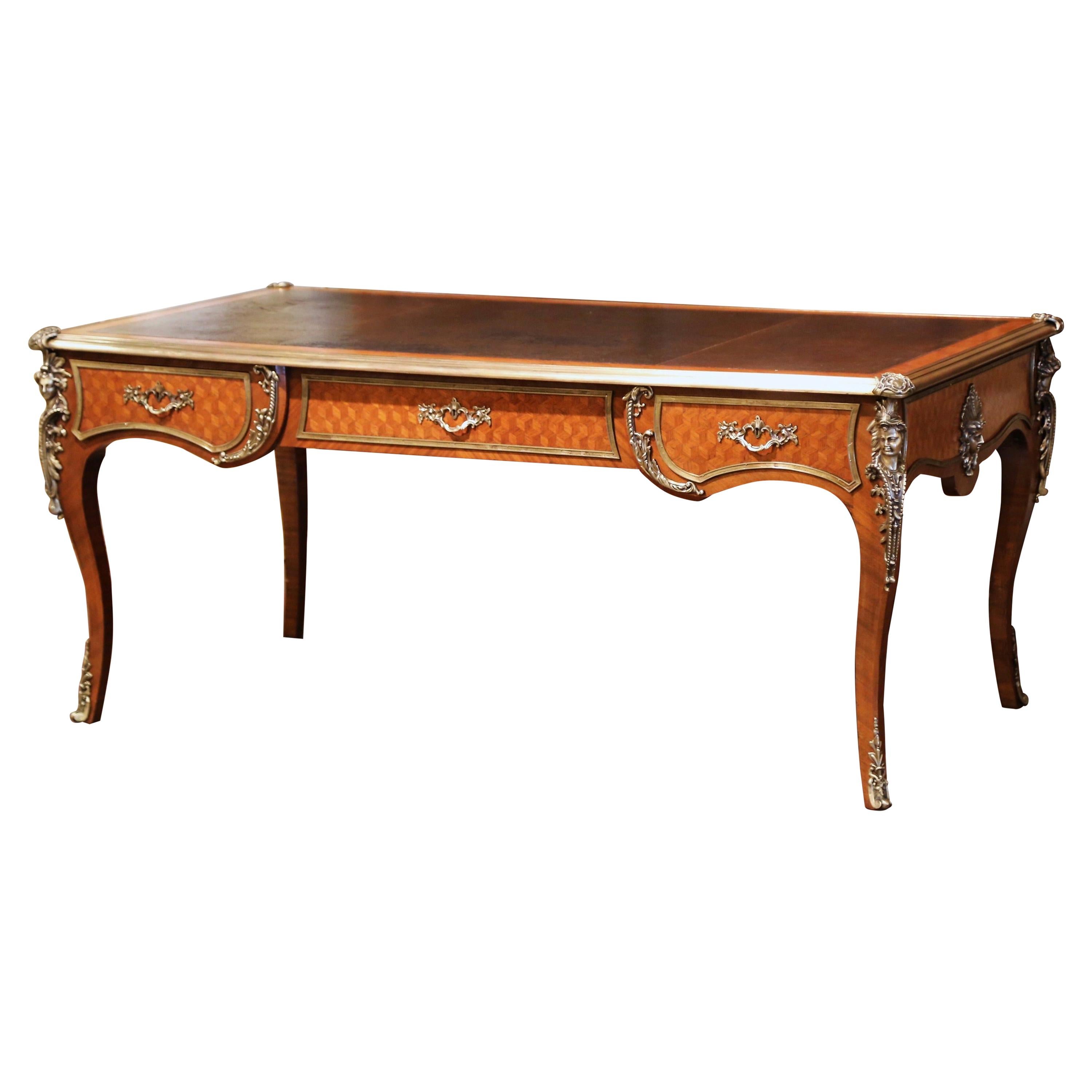 19th Century French Louis XV Leather Top Marquetry and Bronze Bureau Plat