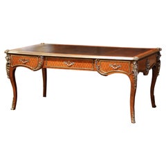 19th Century French Louis XV Marquetry and Bronze Bureau Plat with Leather Top