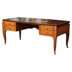 19th Century French Louis XV Marquetry and Bronze Bureau Plat with Leather Top