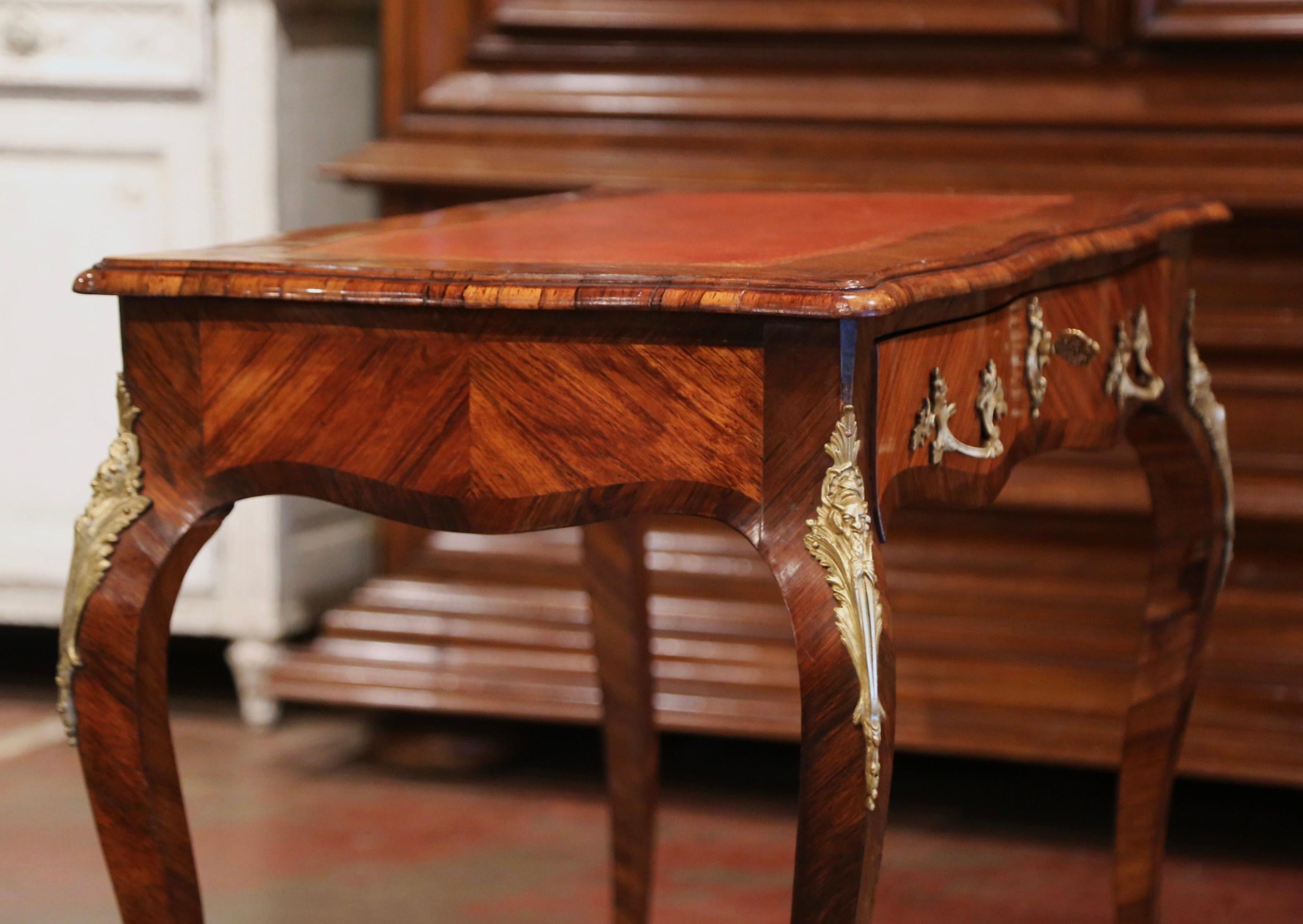 19th Century French Louis XV Leather Top Rosewood Marquetry & Bronze Ladies Desk For Sale 6
