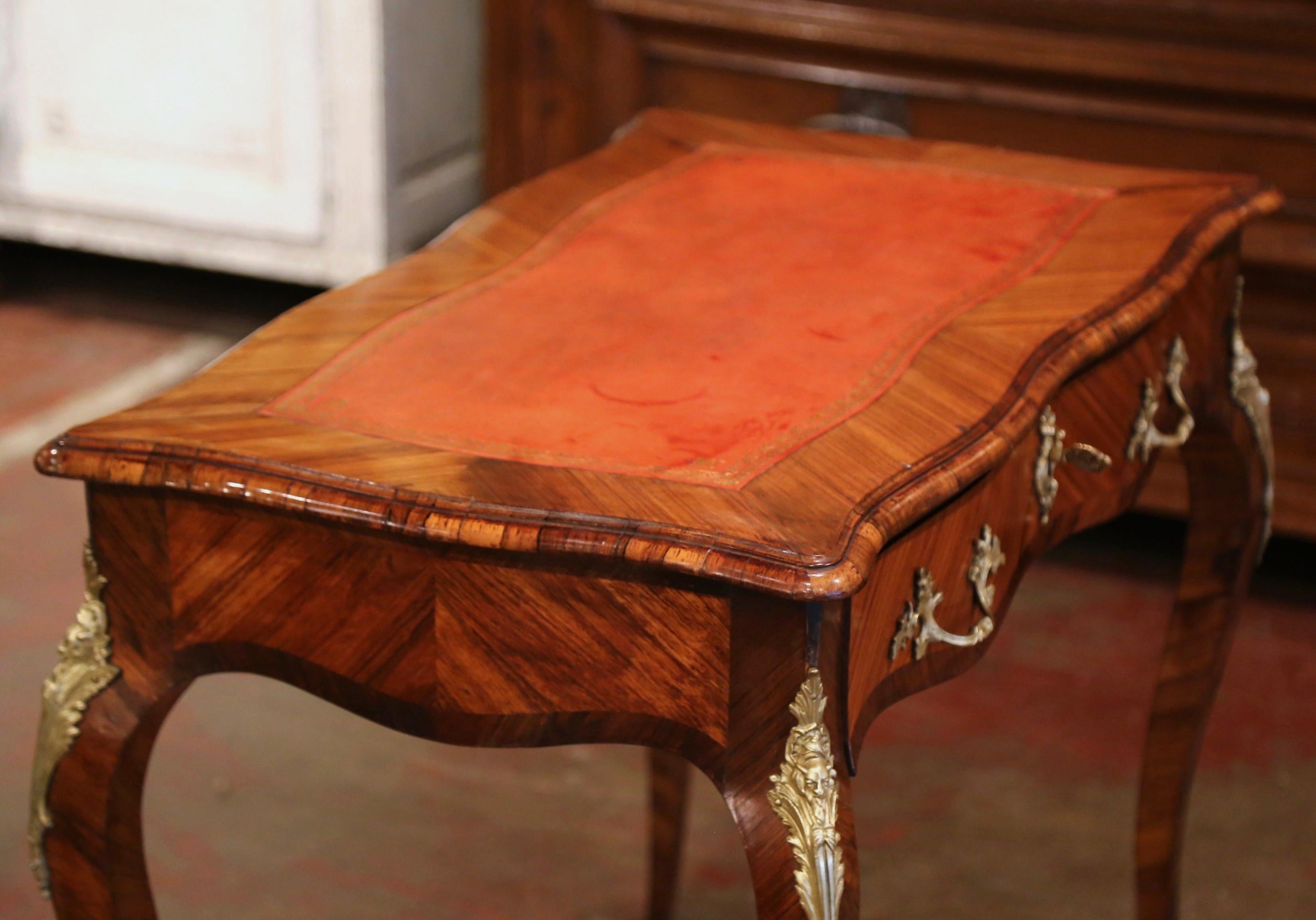 19th Century French Louis XV Leather Top Rosewood Marquetry & Bronze Ladies Desk For Sale 7