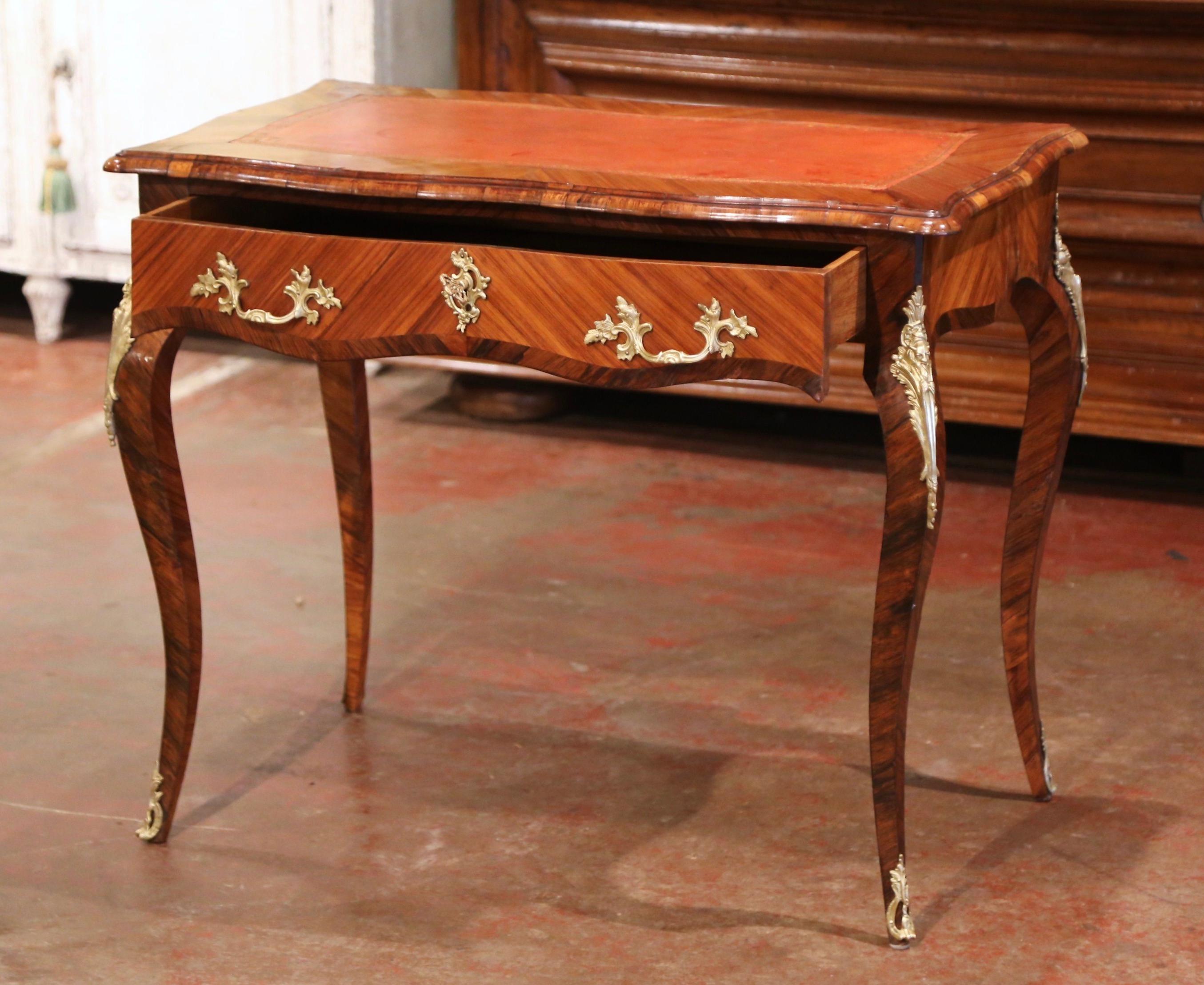 19th Century French Louis XV Leather Top Rosewood Marquetry & Bronze Ladies Desk For Sale 8