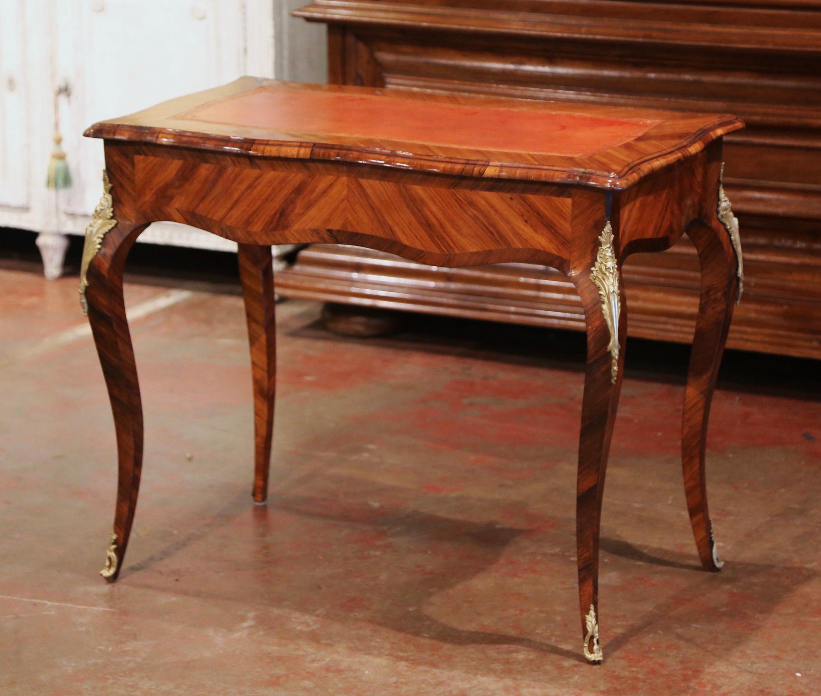 19th Century French Louis XV Leather Top Rosewood Marquetry & Bronze Ladies Desk For Sale 12