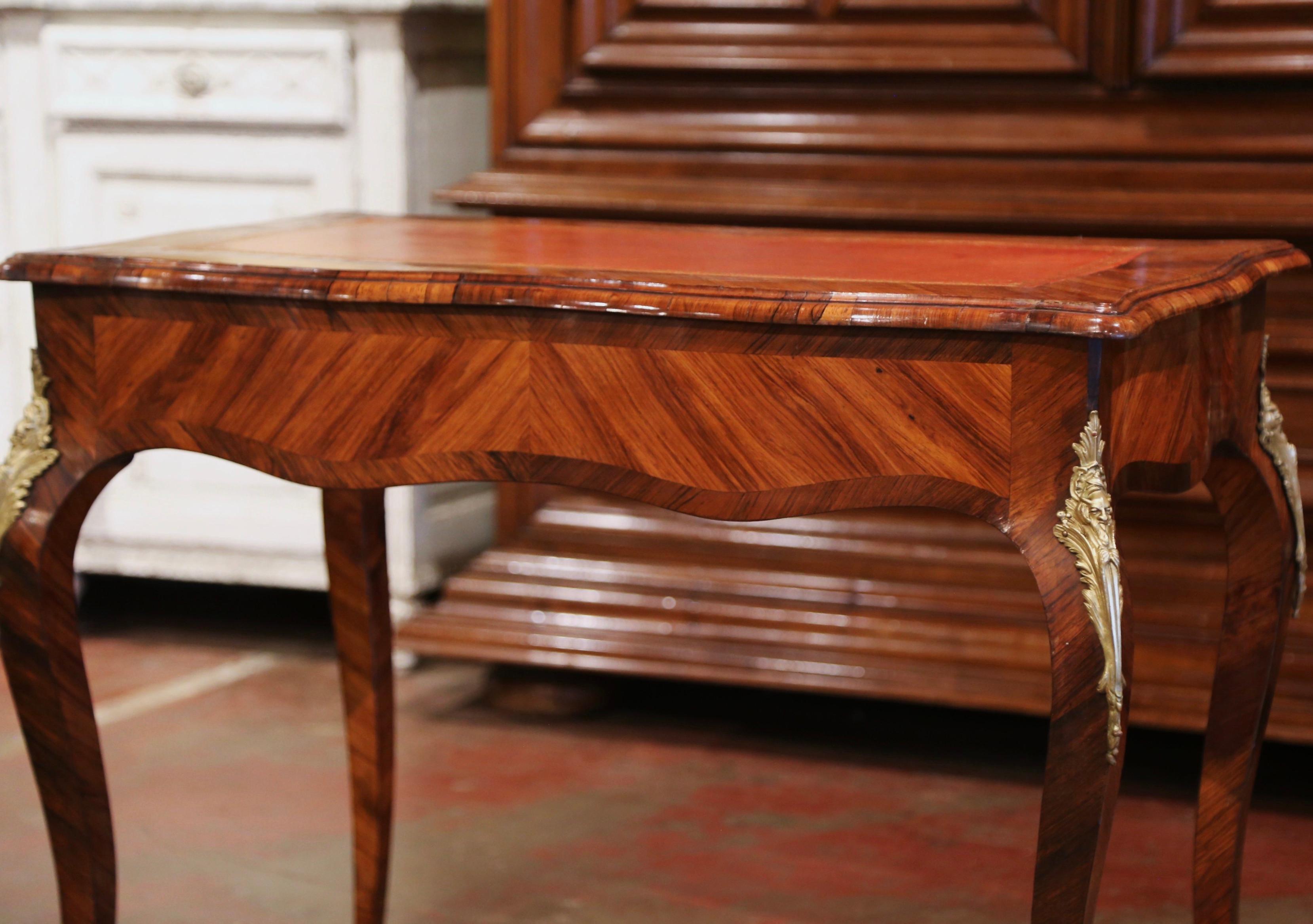 19th Century French Louis XV Leather Top Rosewood Marquetry & Bronze Ladies Desk For Sale 13