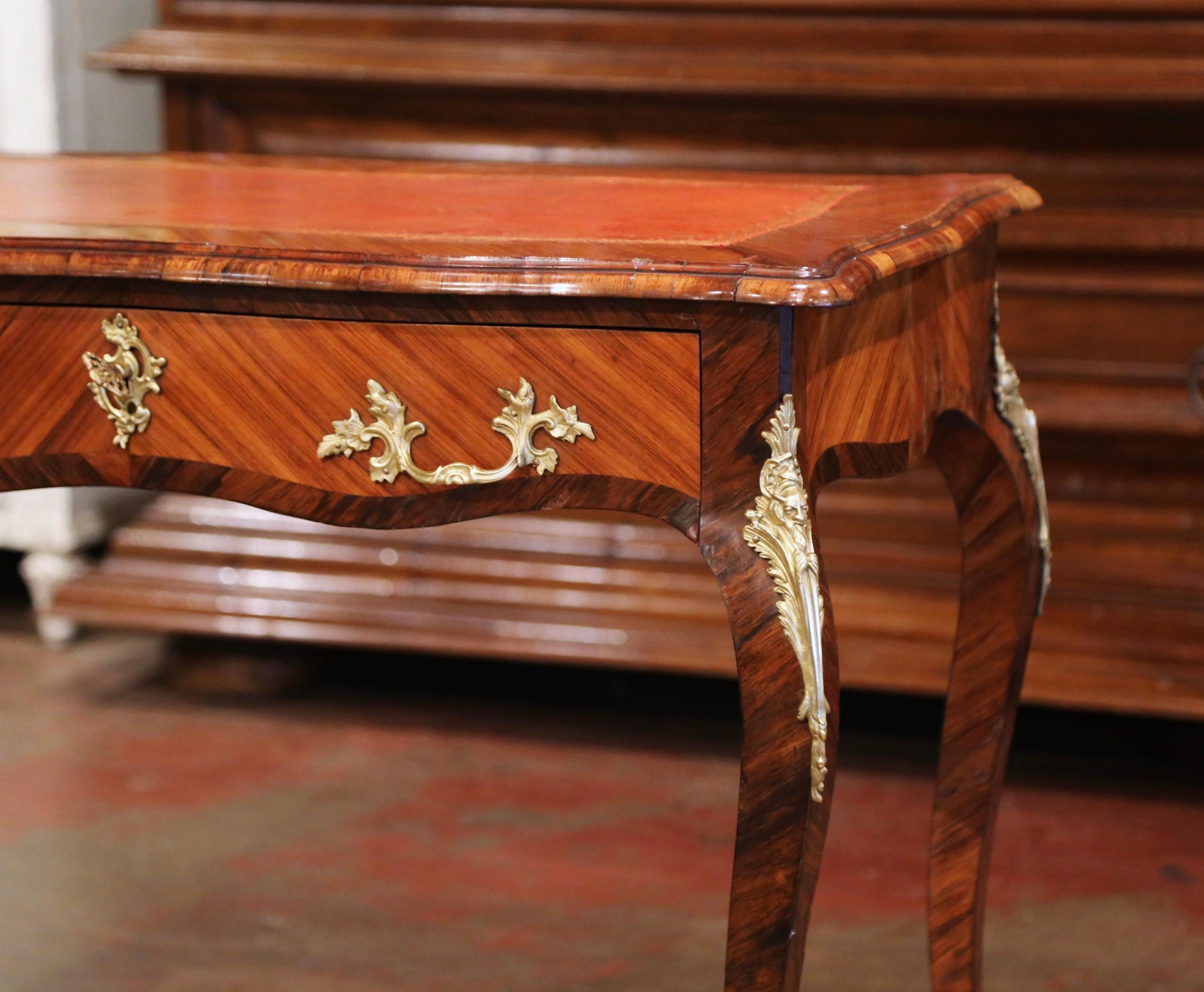 Embossed 19th Century French Louis XV Leather Top Rosewood Marquetry & Bronze Ladies Desk For Sale